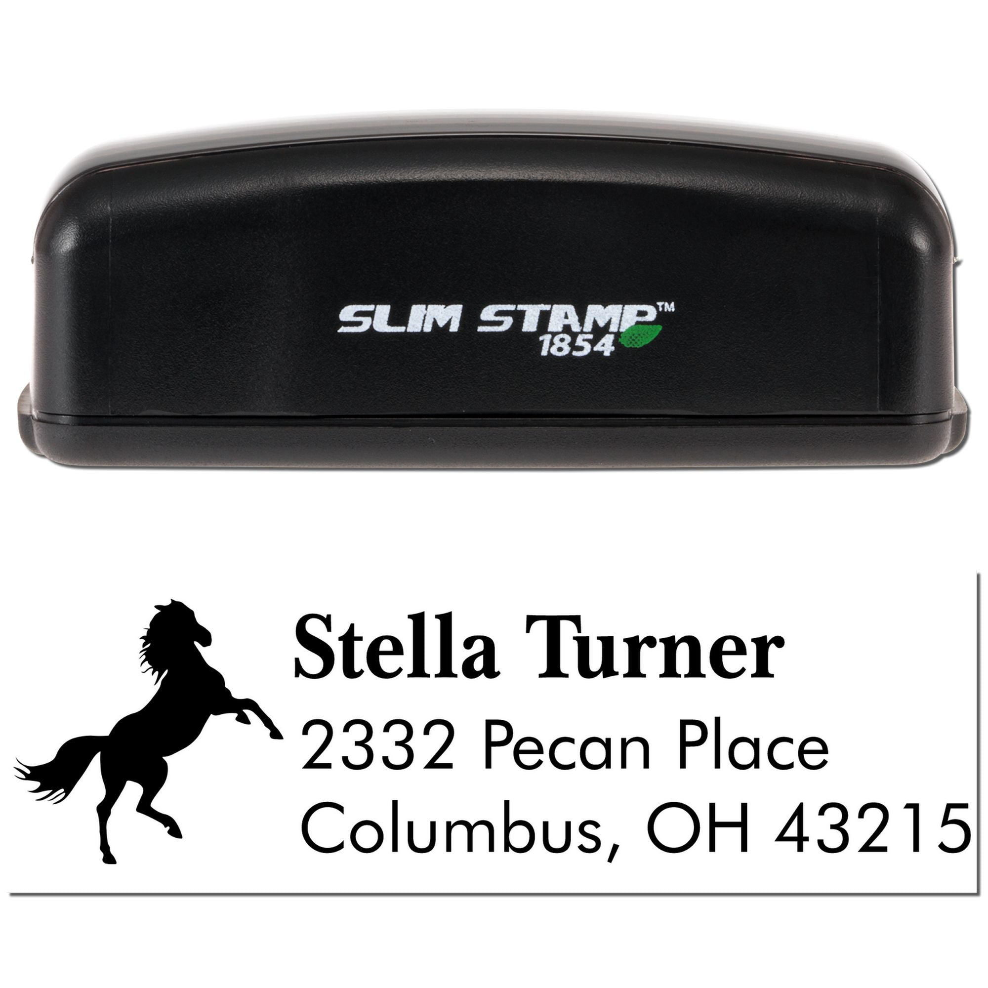 Slim Stamp 1854 custom address rubber stamp with horse silhouette for Stella Turner, Columbus, OH 43215
