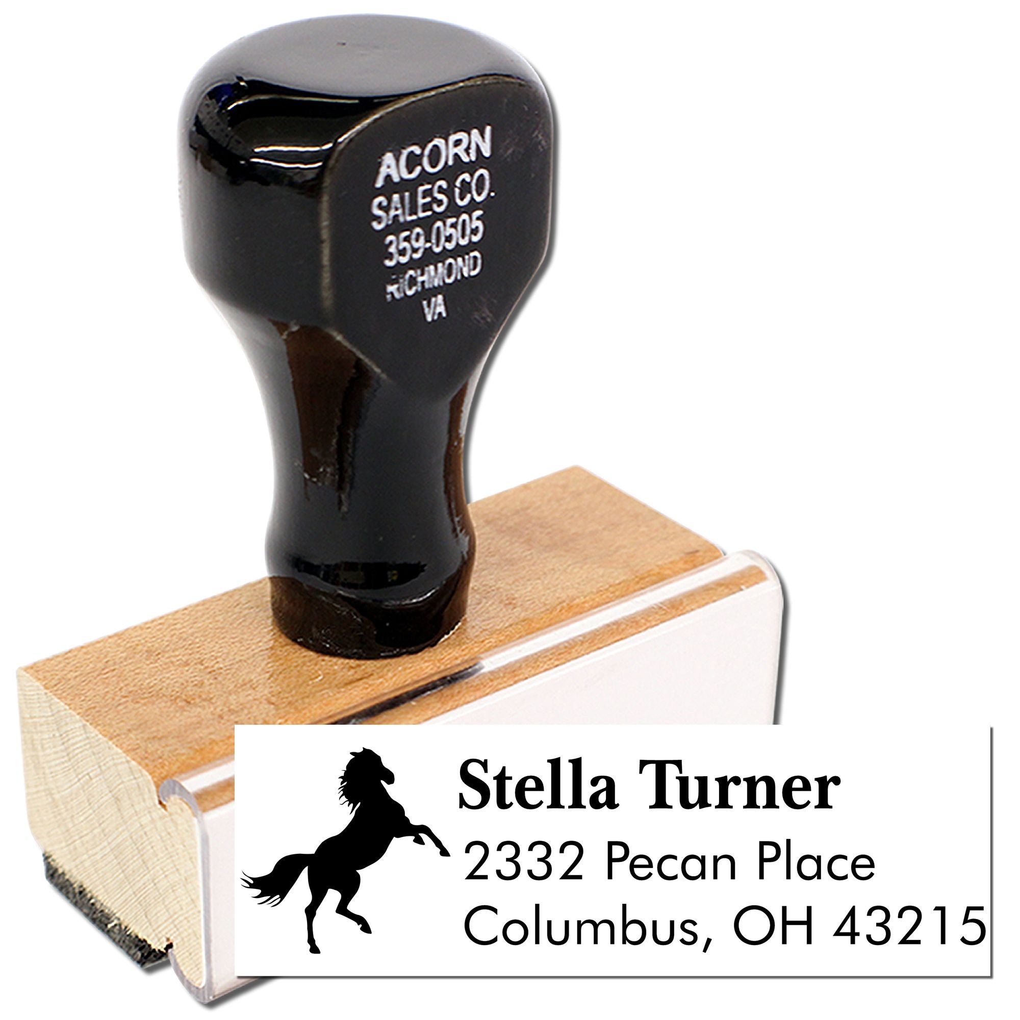 Custom rubber return address stamp with horse logo, personalized name and address imprint for mailing and business use.