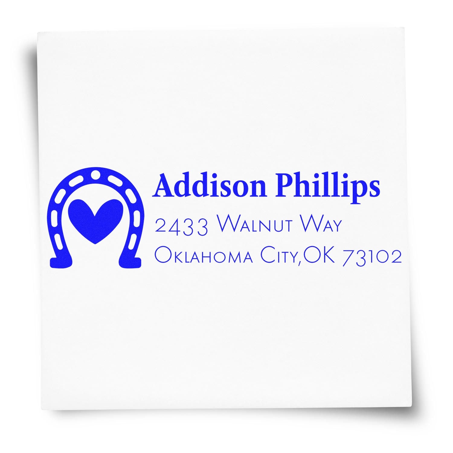 Custom return address rubber stamp with horseshoe heart logo for Addison Phillips, 2433 Walnut Way, Oklahoma City, OK 73102.