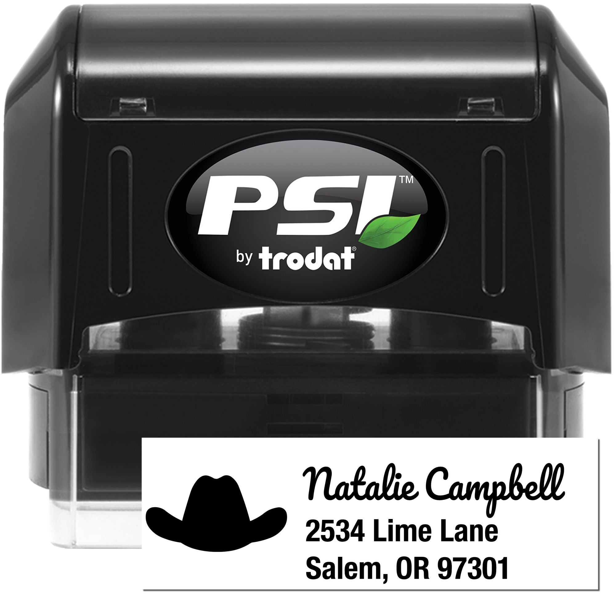 Custom self-inking rubber address stamp by PSI by Trodat, shown with sample name, address, and cowboy hat icon.