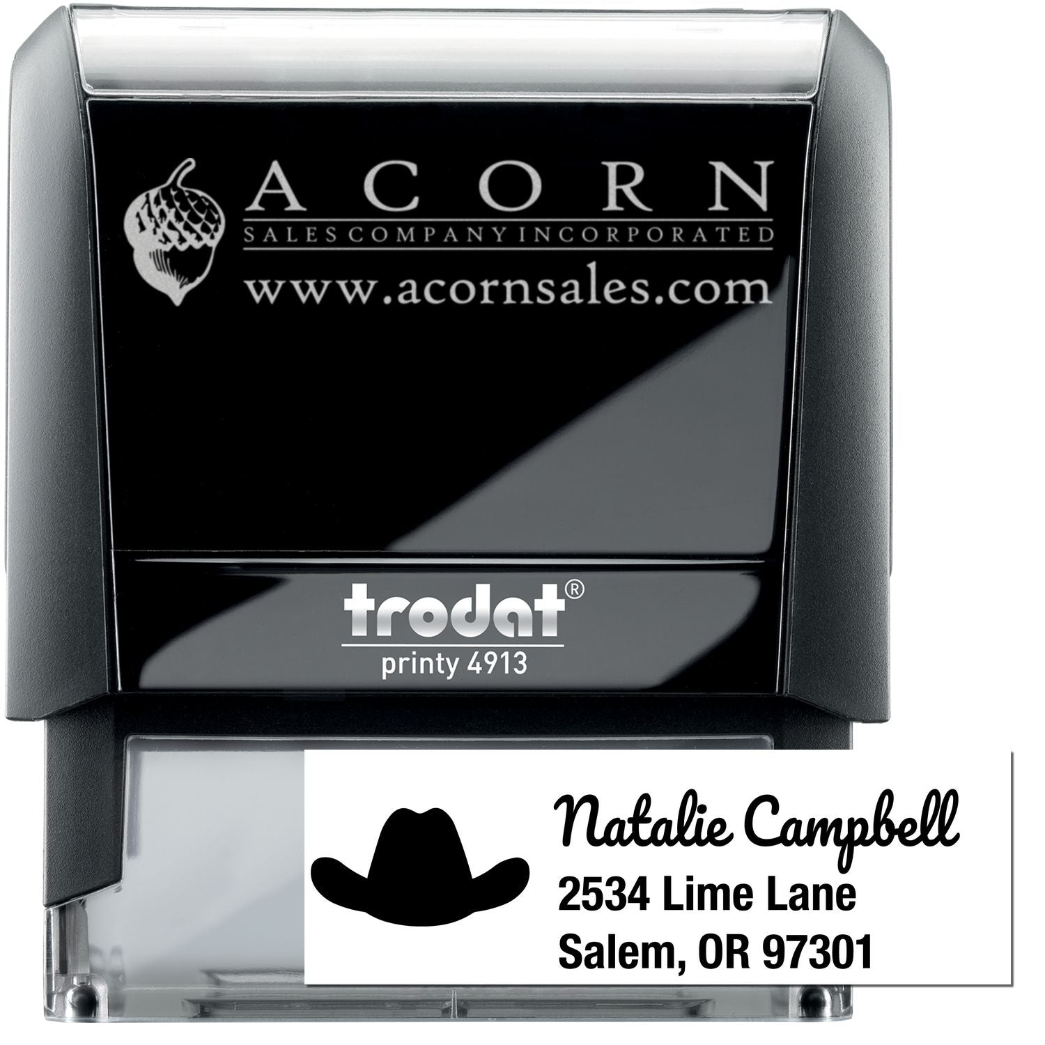 Custom self-inking rubber stamp for business logos and address imprinting, shown with Acorn Sales and personalized mailing stamp.