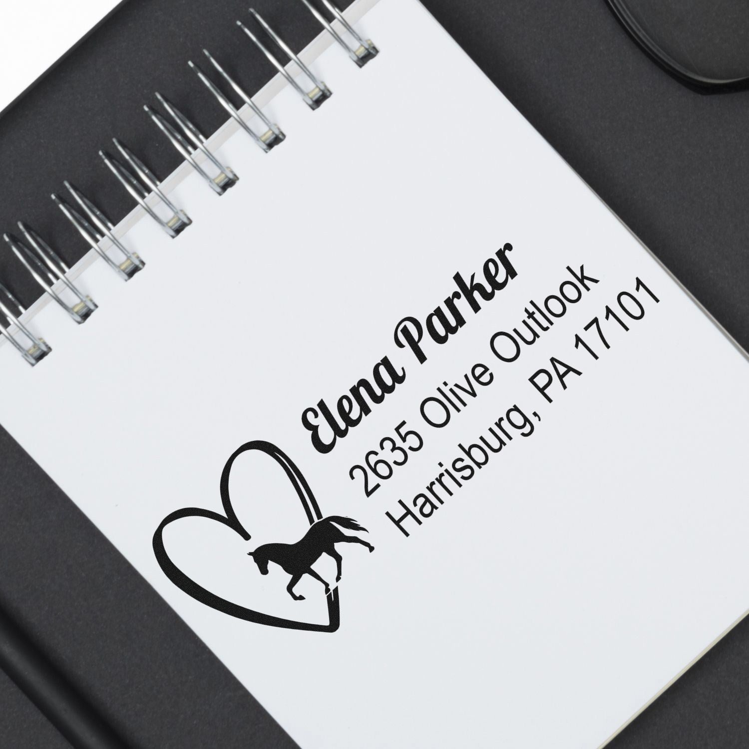 Custom horse heart address stamp design for Elena Parker, Harrisburg, PA, with equestrian logo for personalized rubber stamping.