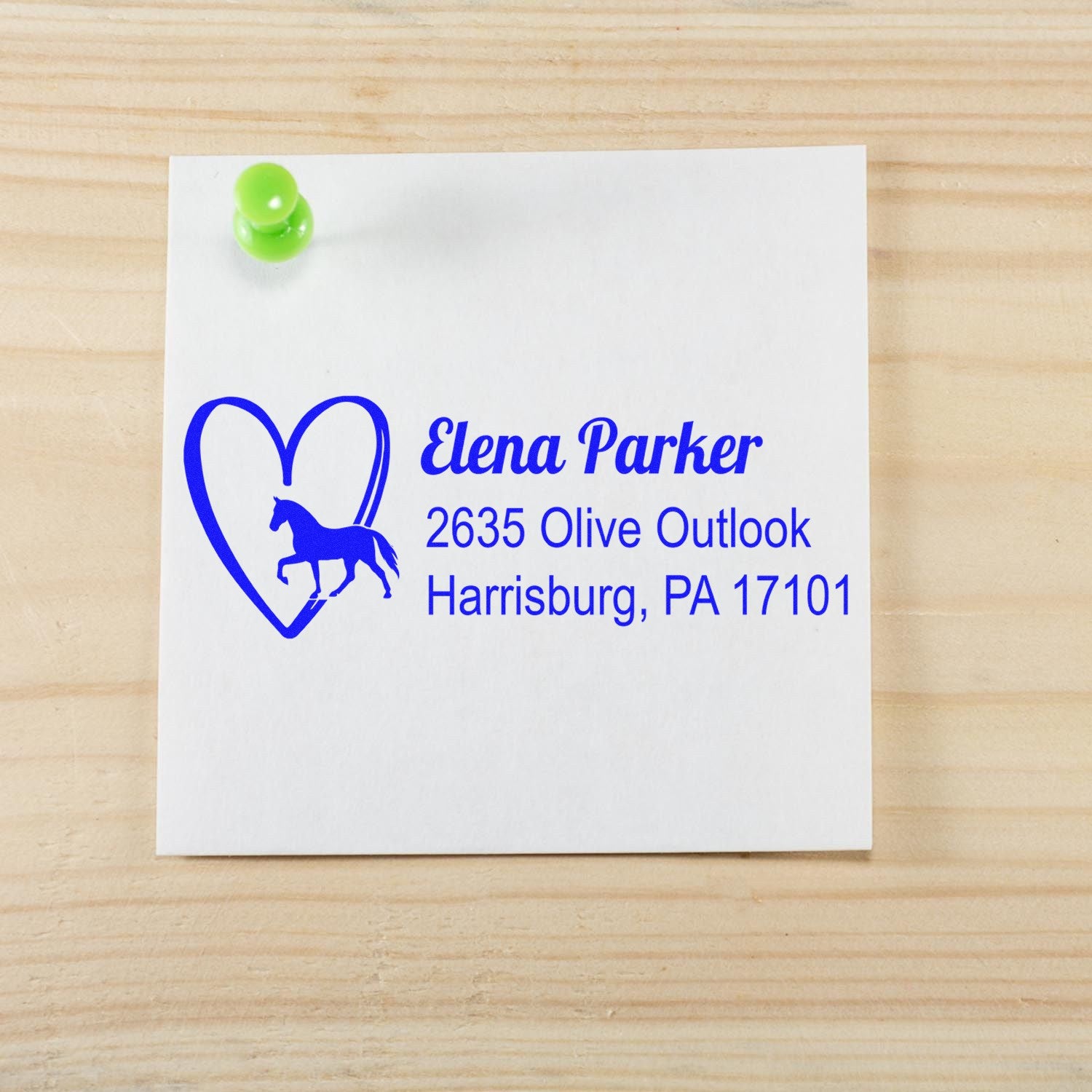Custom horse return address rubber stamp with heart logo for Elana Parker, Harrisburg, PA.