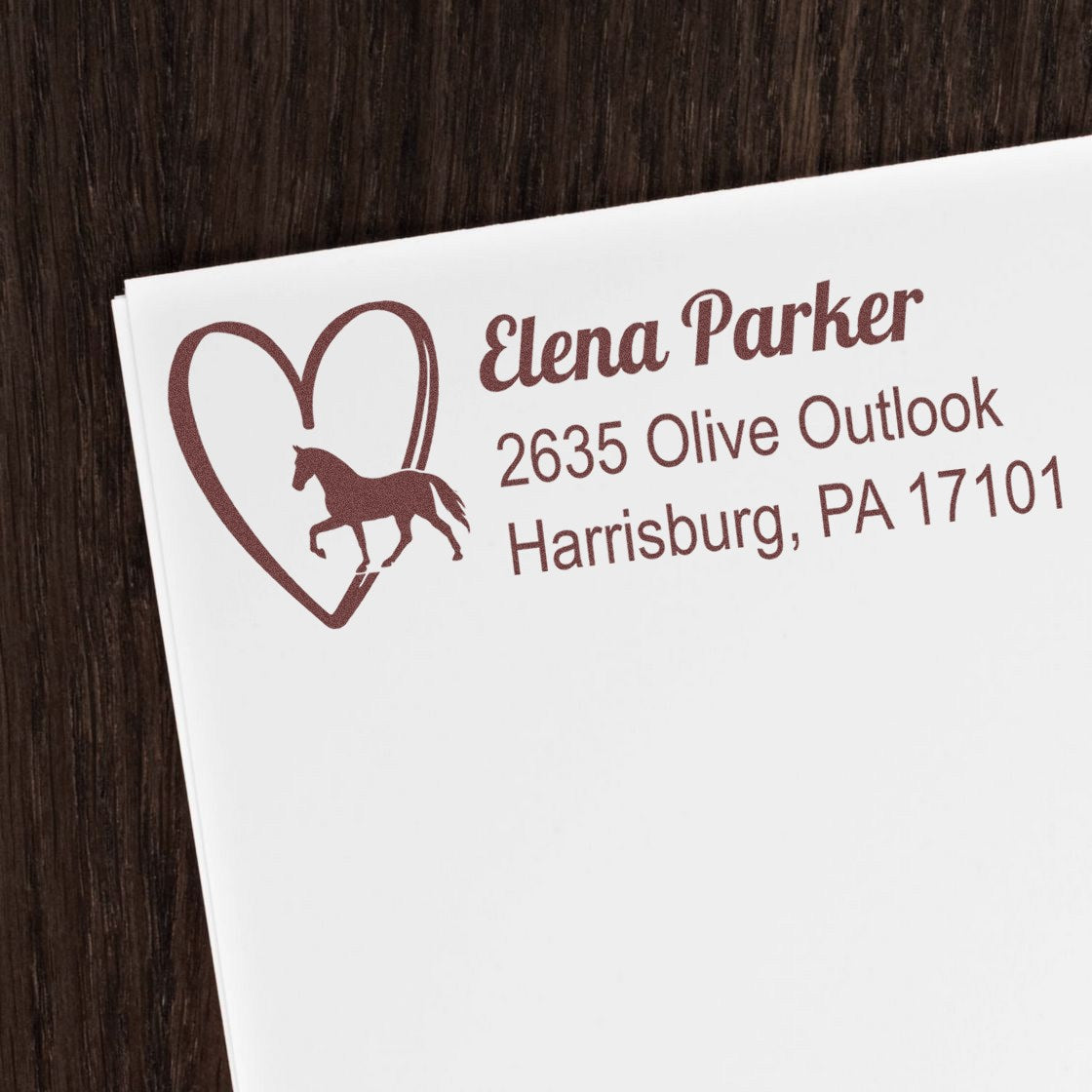 Custom horse heart return address rubber stamp for Elena Parker, Harrisburg PA, with personalized equestrian logo.
