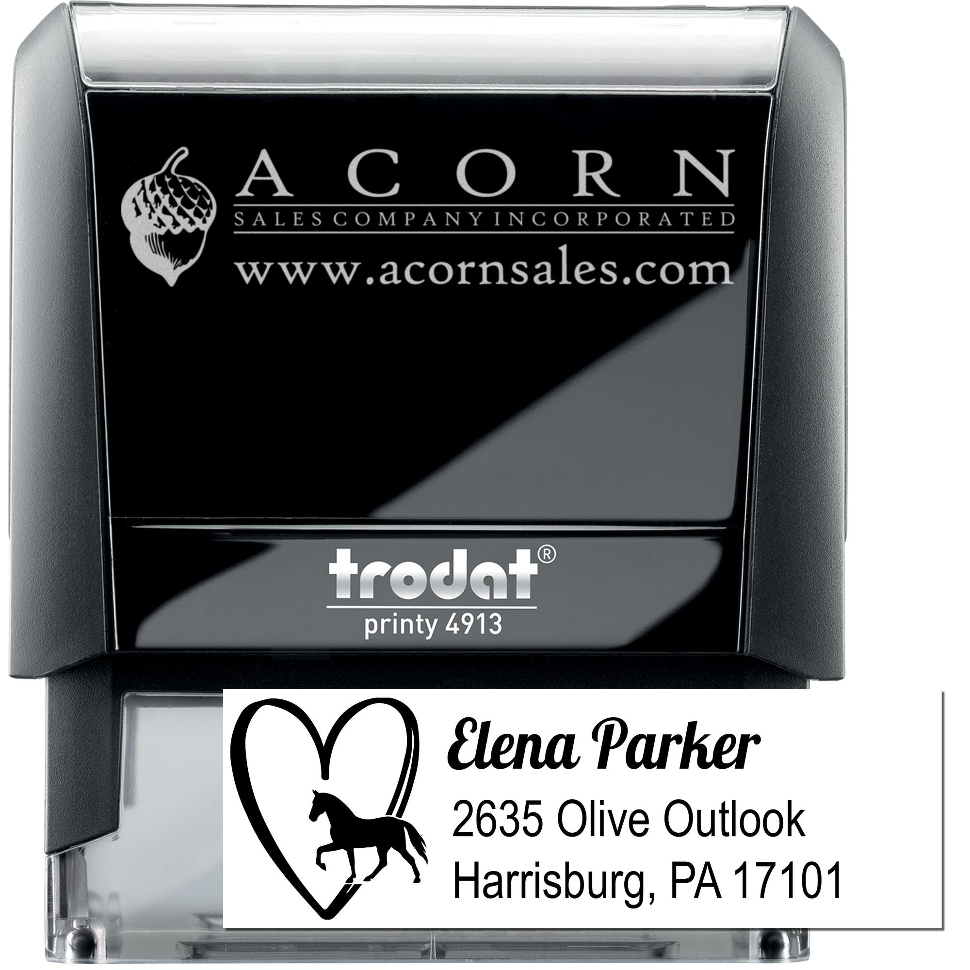 Trodat Printy 4913 self-inking rubber stamp with custom horse logo, name, and address imprint