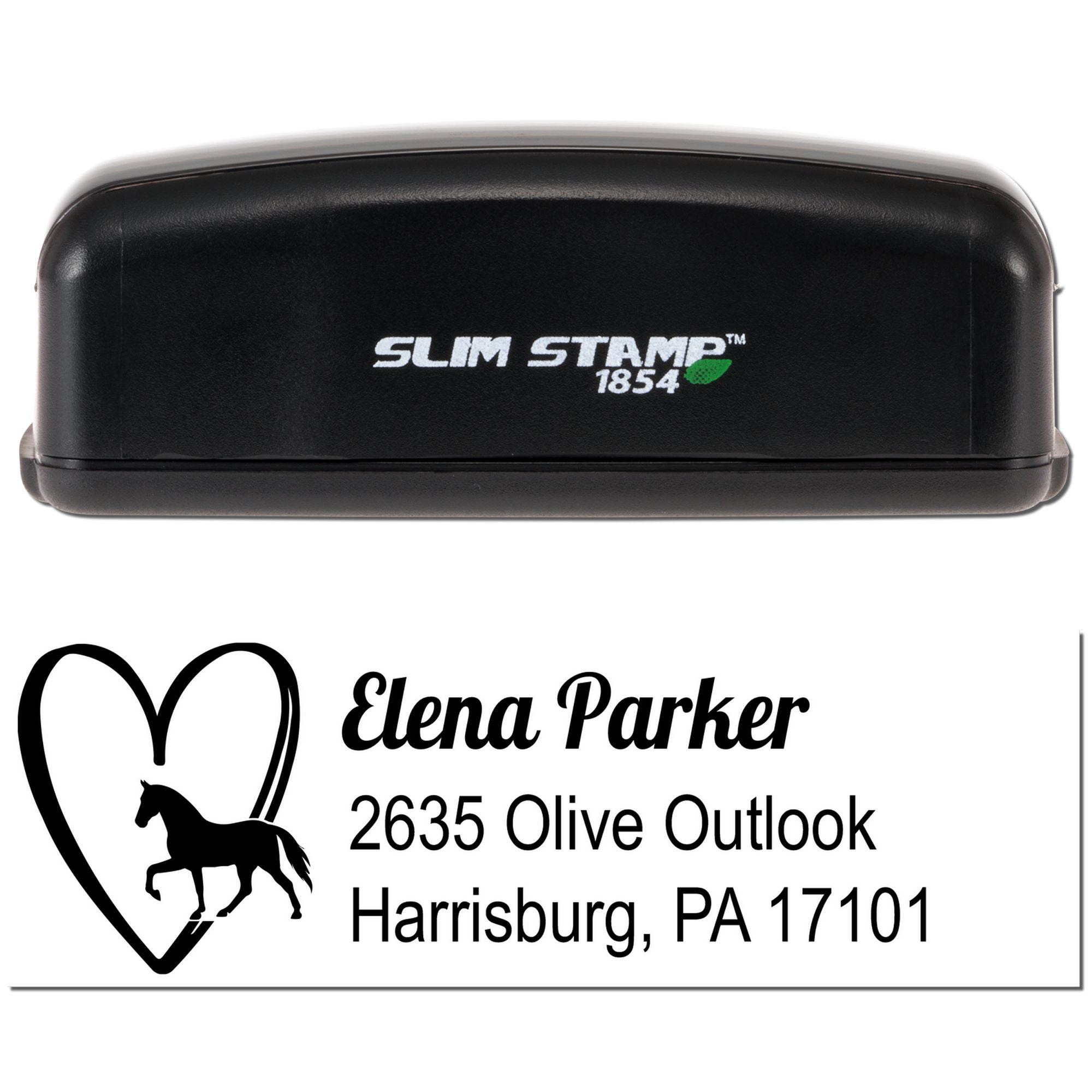 Personalized Slim Stamp 1854 self-inking horse address rubber stamp for Elena Parker, Harrisburg, PA 17101.