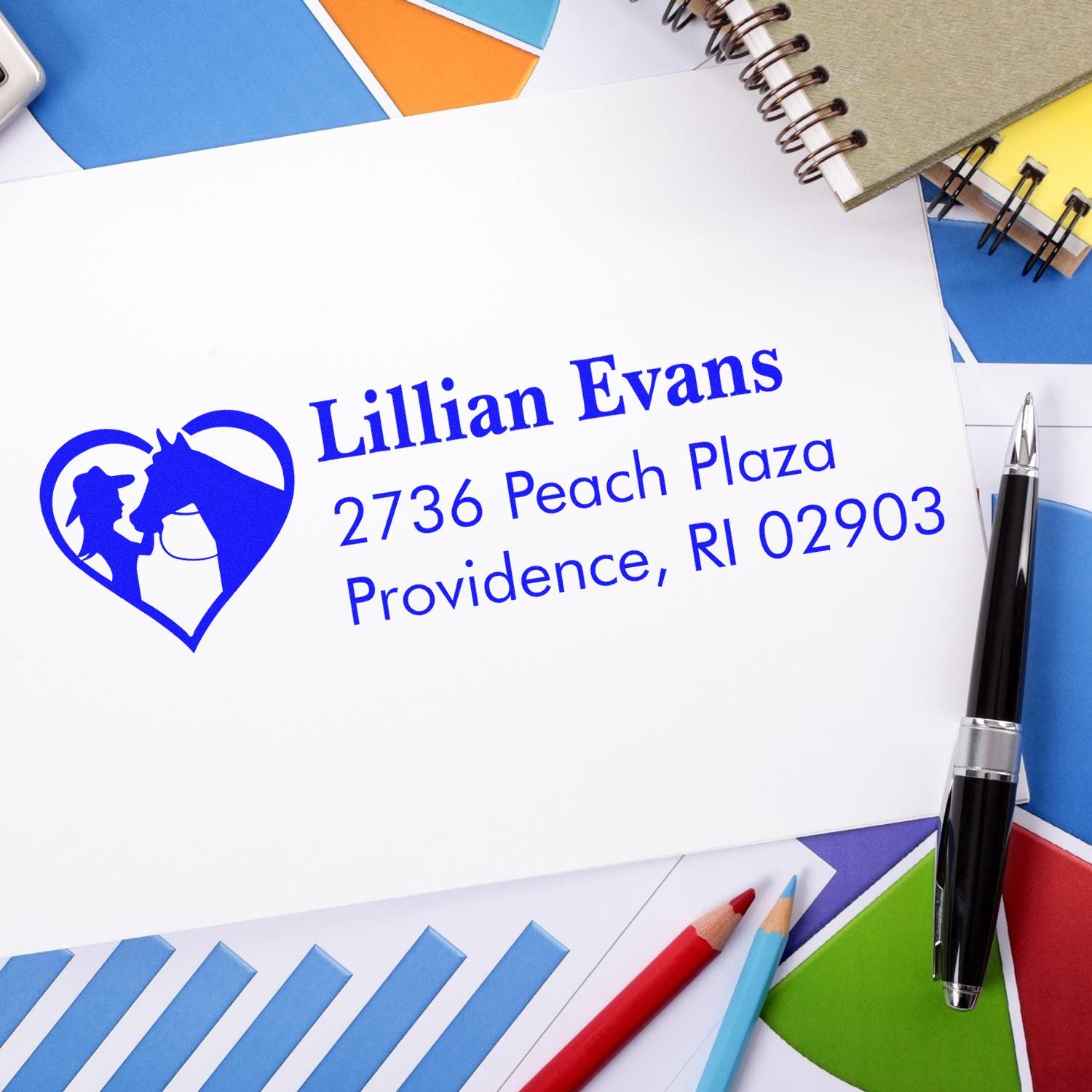 Custom rubber return address stamp with horse heart logo for Lillian Evans, Providence, RI 02903.