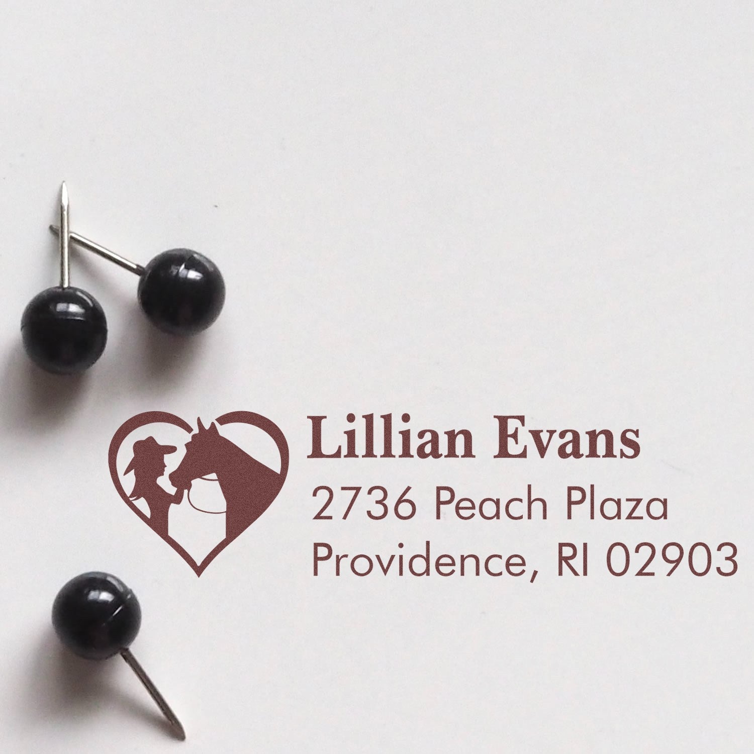 Personalized horse lover address rubber stamp with heart equestrian logo for Lillian Evans, Providence, RI