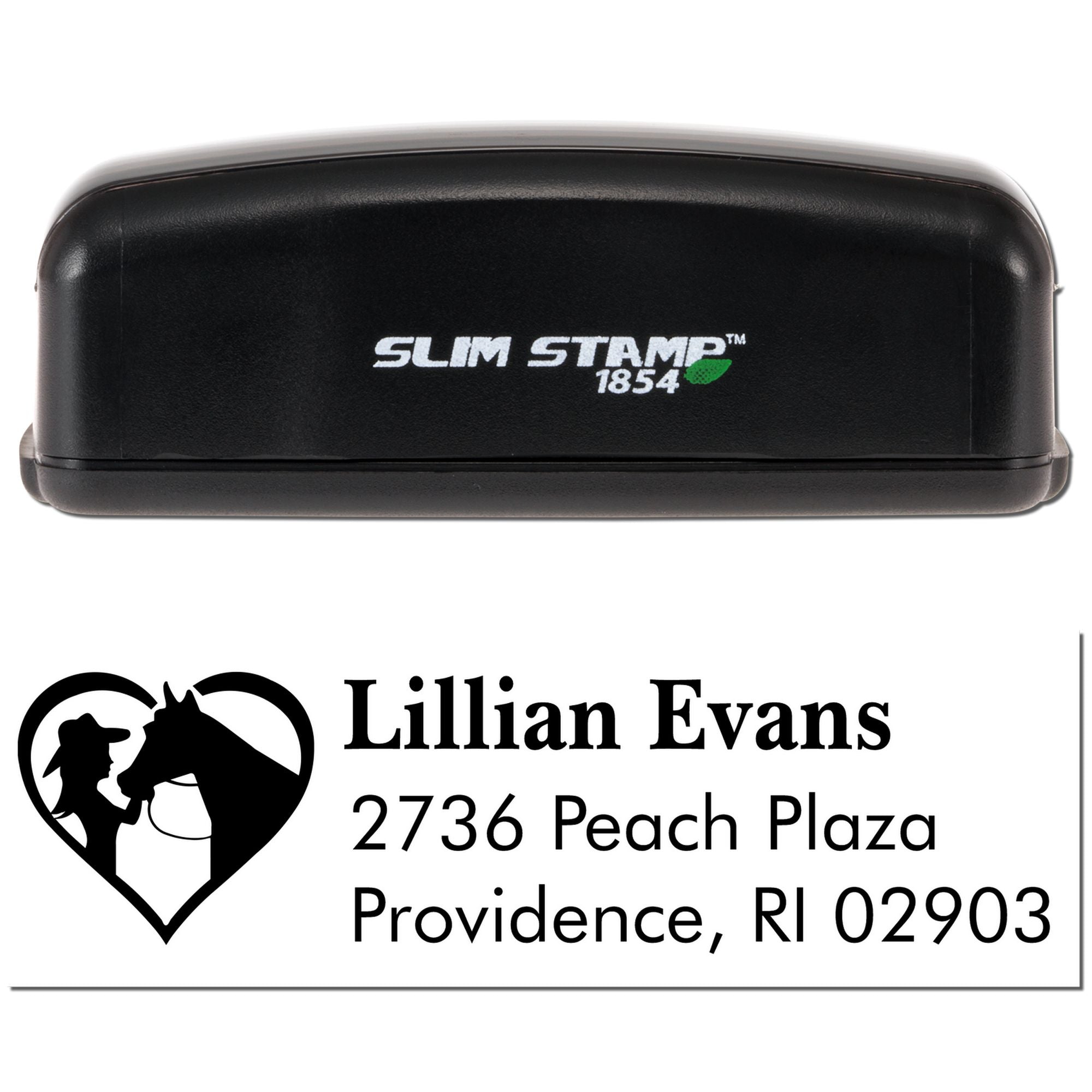 Custom address rubber stamp with horse logo, Slim Stamp 1854 case, and Lillian Evans address imprint.