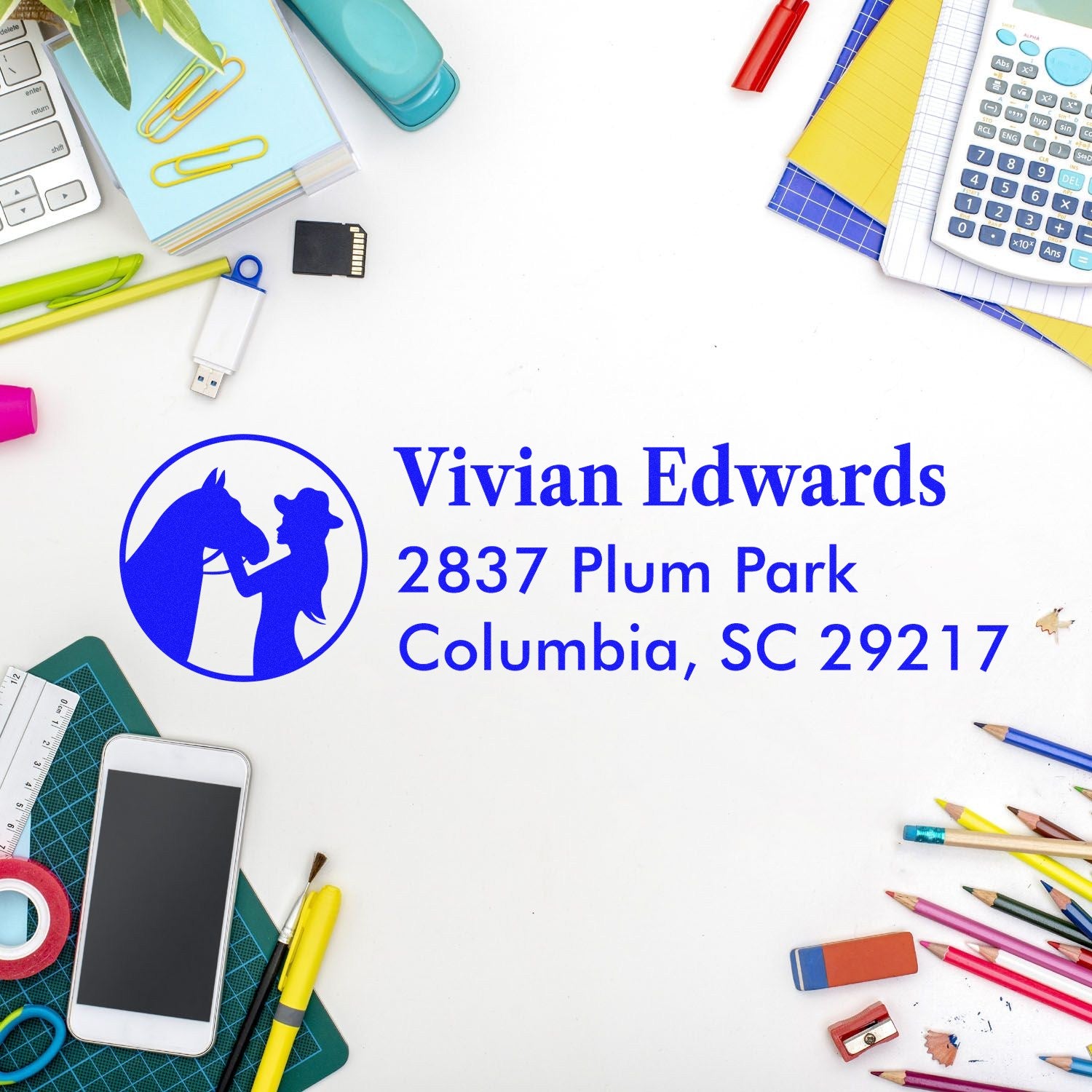 Personalized address rubber stamp with horse logo, Vivian Edwards, 2837 Plum Park, Columbia, SC 29217.