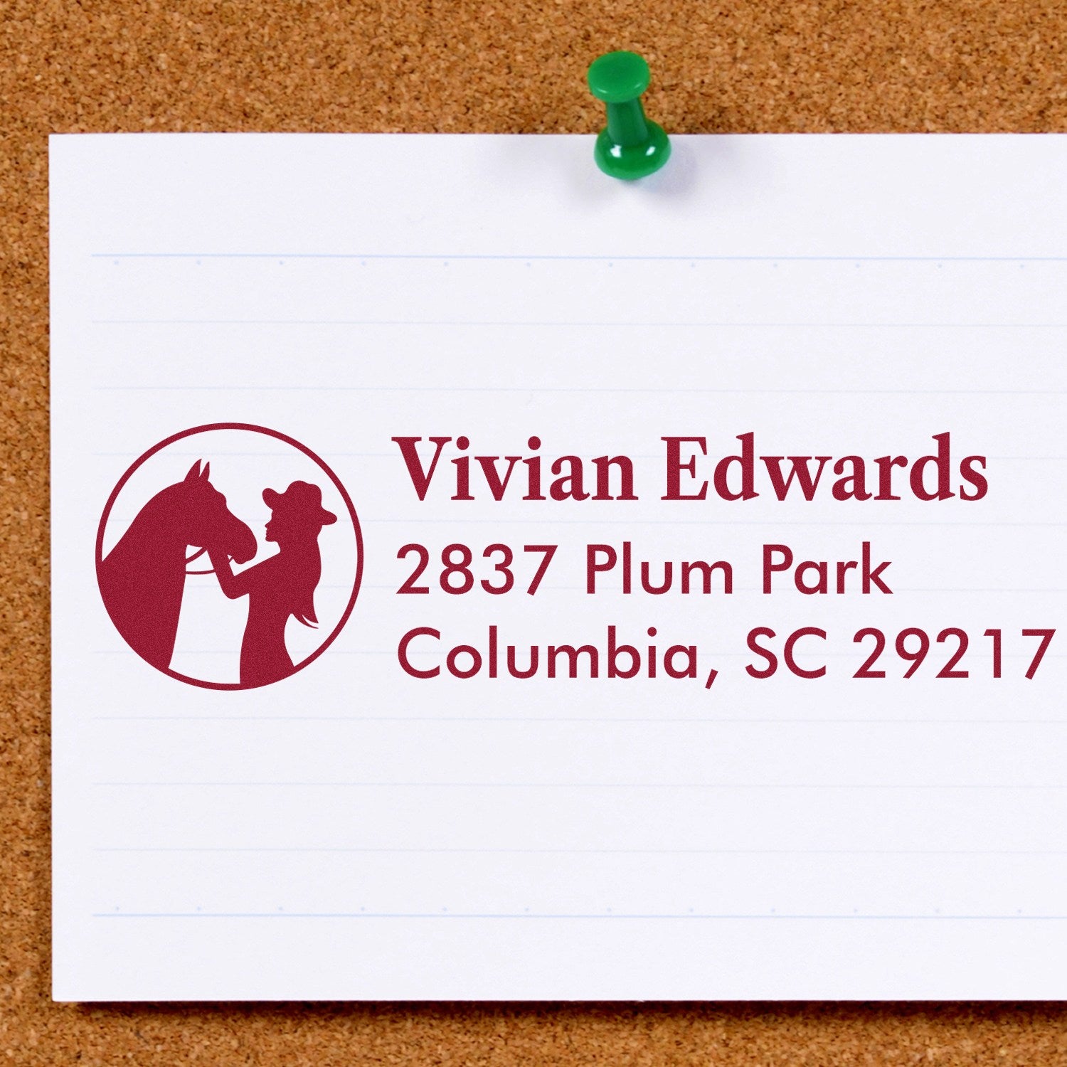 Custom return address rubber stamp with horse and rider logo for Vivian Edwards, Columbia, SC 29217.