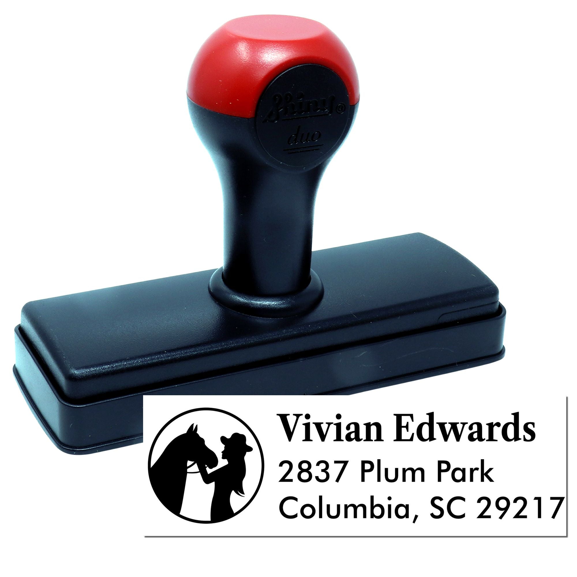 Custom self-inking address stamp with horse logo for Vivian Edwards, 2837 Plum Park, Columbia, SC 29217.