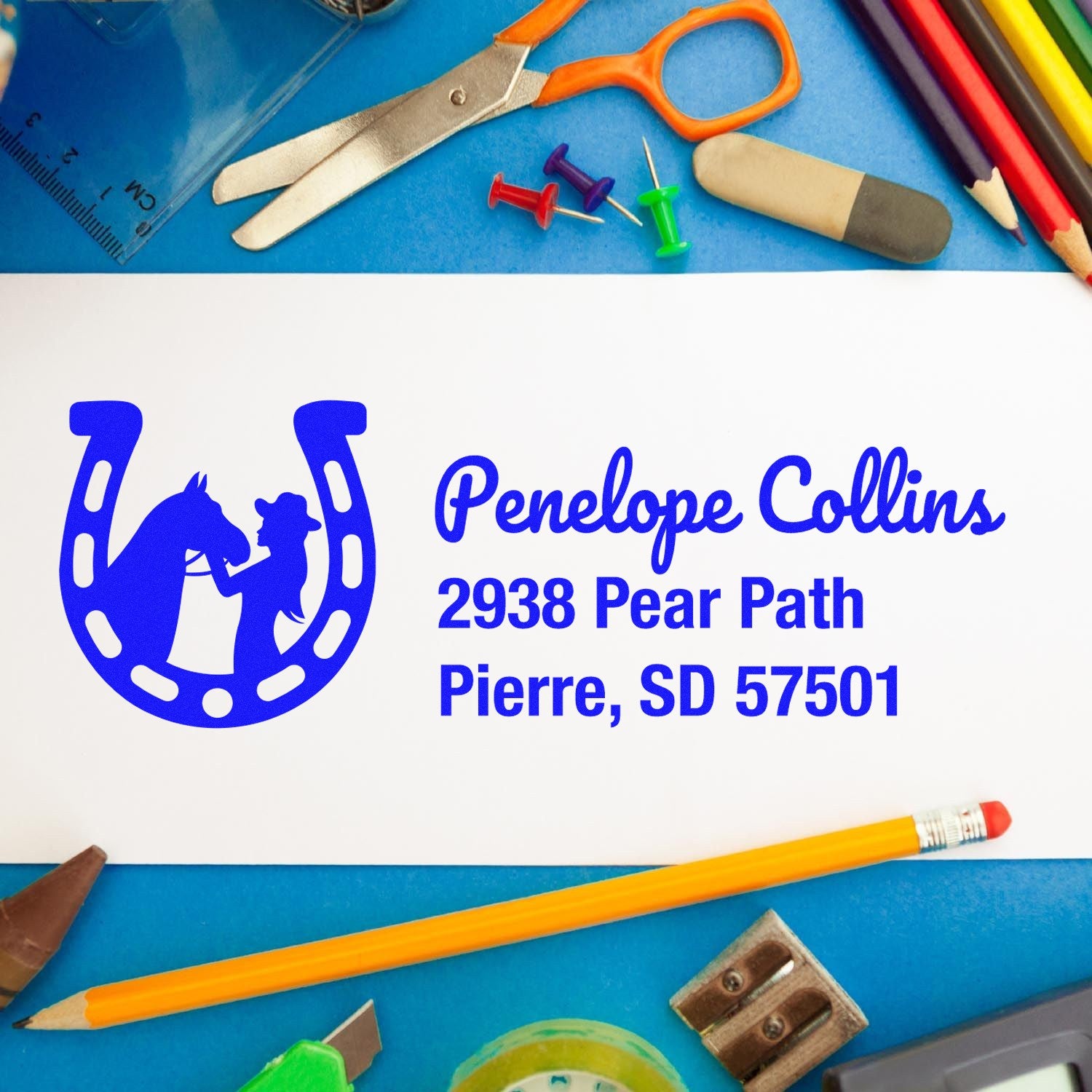 Custom horse-themed rubber address stamp with horseshoe logo, name, and mailing address for personalized equestrian mail.