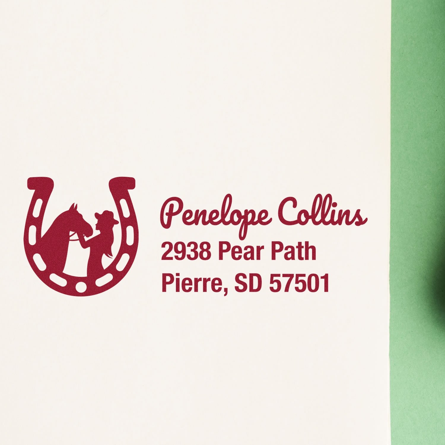 Personalized horse horseshoe return address rubber stamp for Penelope Collins, Pierre, SD.