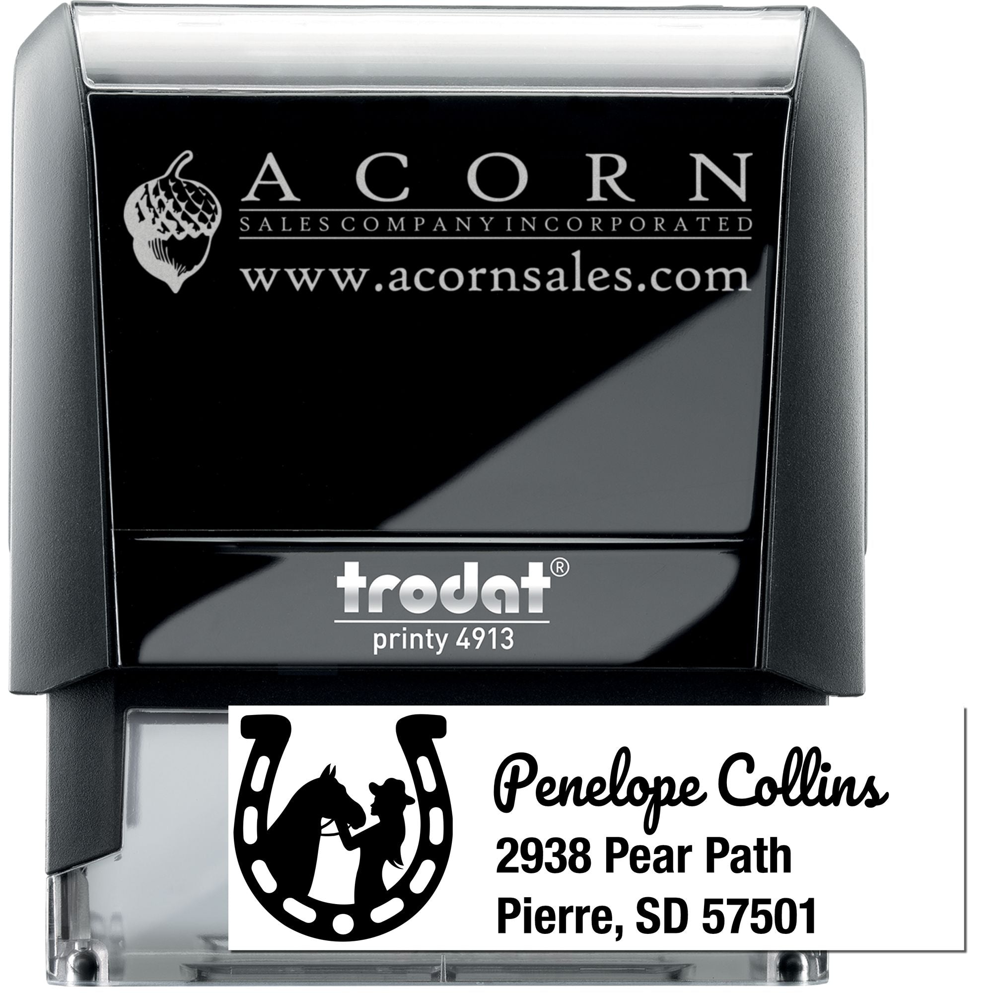 Custom self-inking rubber stamps for business logos and return addresses, shown on a Trodat Printy 4913 stamp.
