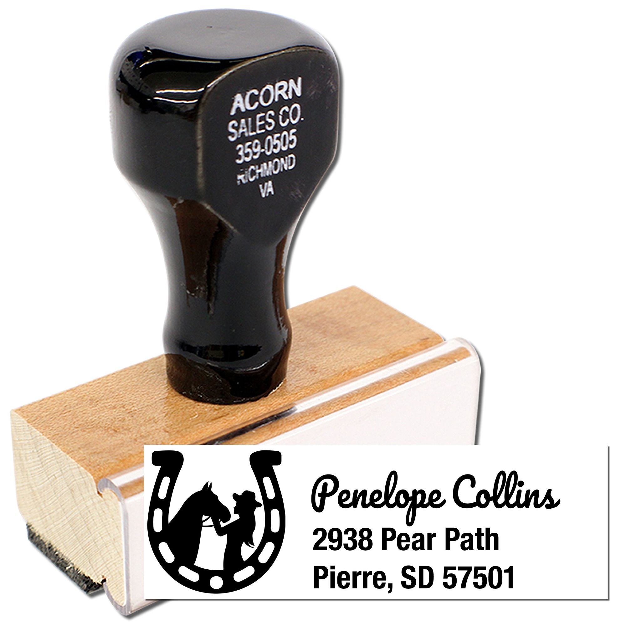 Custom horse and horseshoe address rubber stamp for equestrian stationery, featuring name and mailing address.