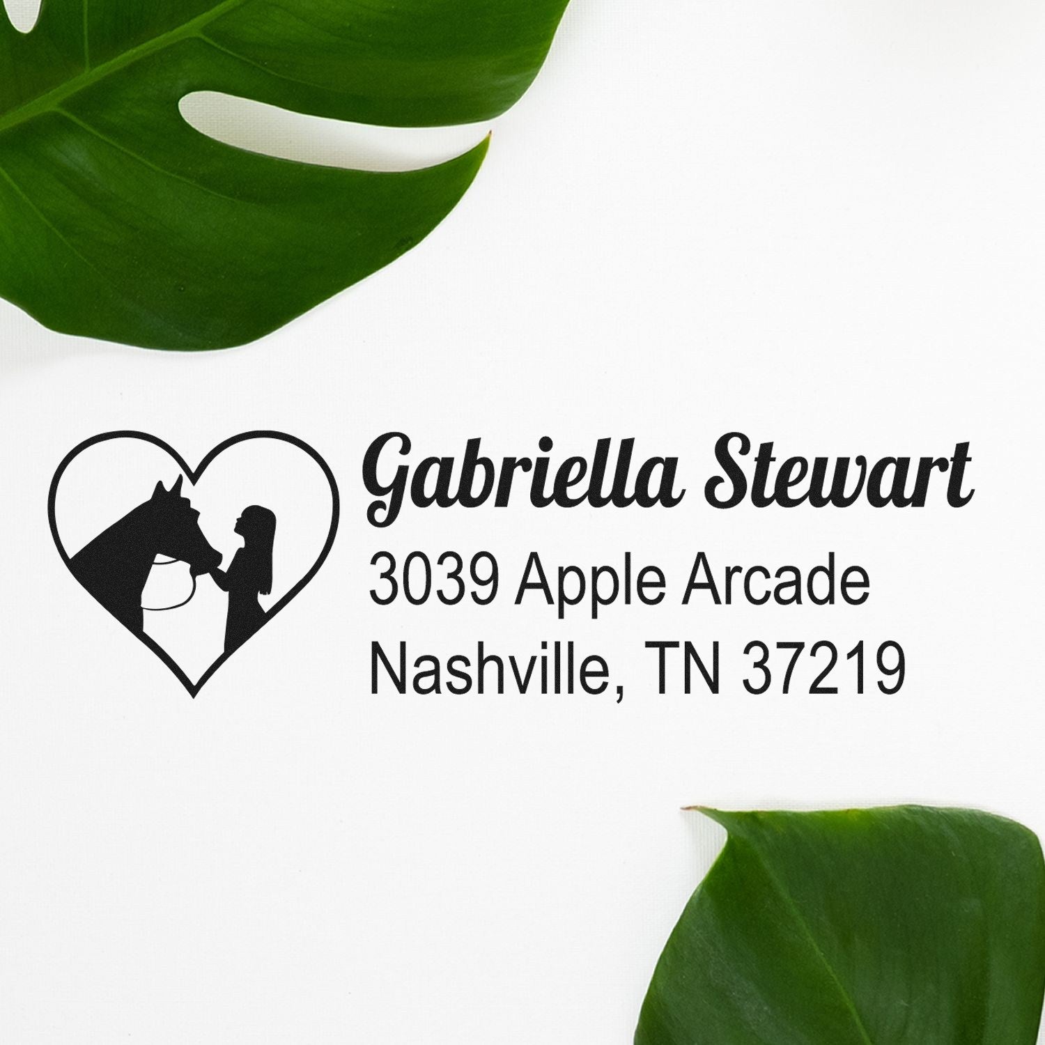Personalized return address rubber stamp with horse heart logo for Gabriella Stewart, Nashville, TN 37219