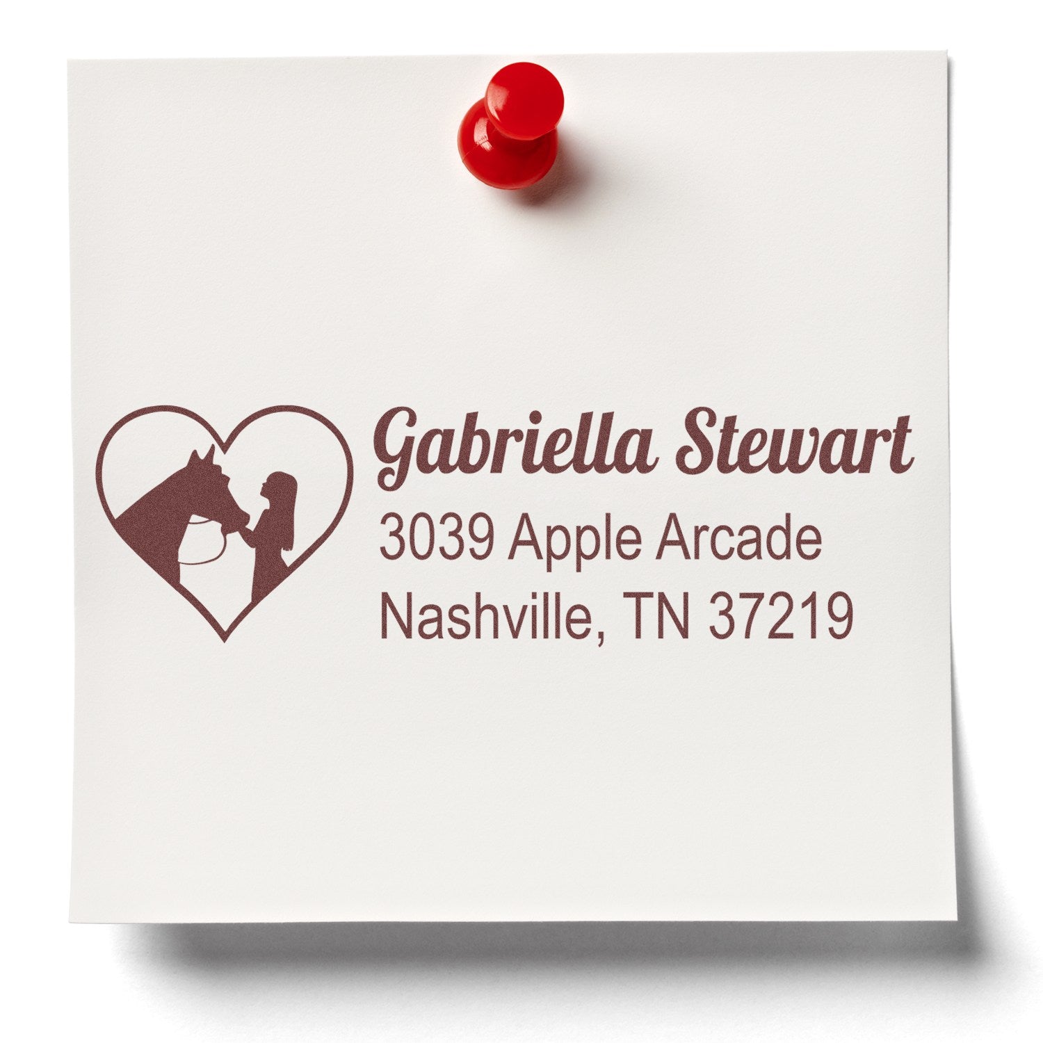 Personalized rubber stamp with horse heart logo and return address for Gabriella Stewart, Nashville, TN.