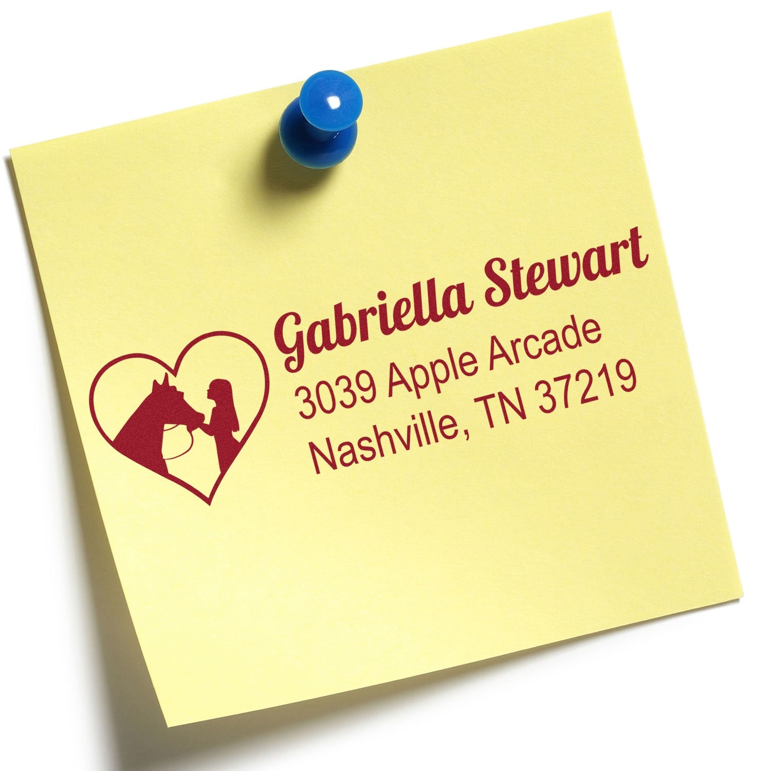 Custom rubber return address stamp with heart horse logo, printed on a yellow sticky note with Nashville address.
