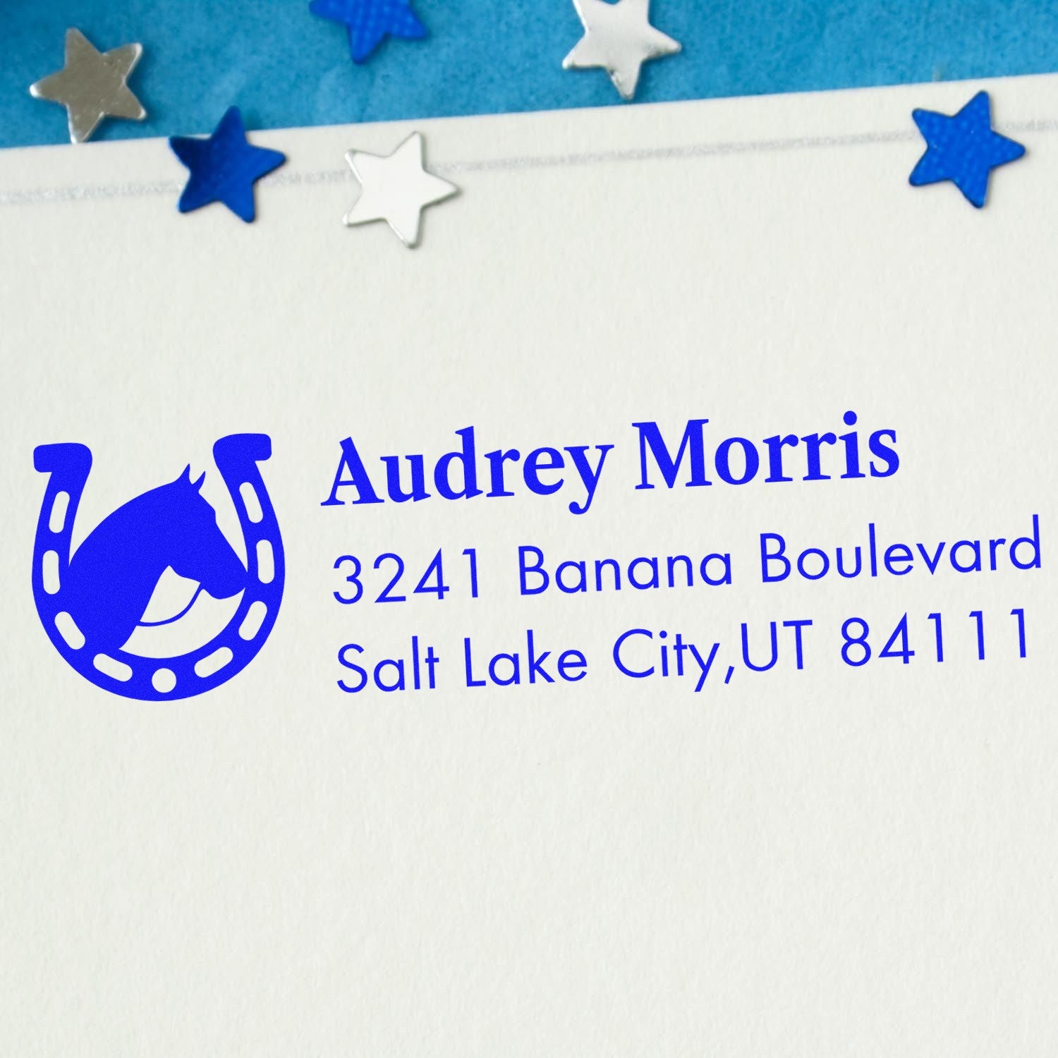 Custom rubber address stamp with horse logo for Audrey Morris, Salt Lake City, UT, ideal for envelopes and stationery.