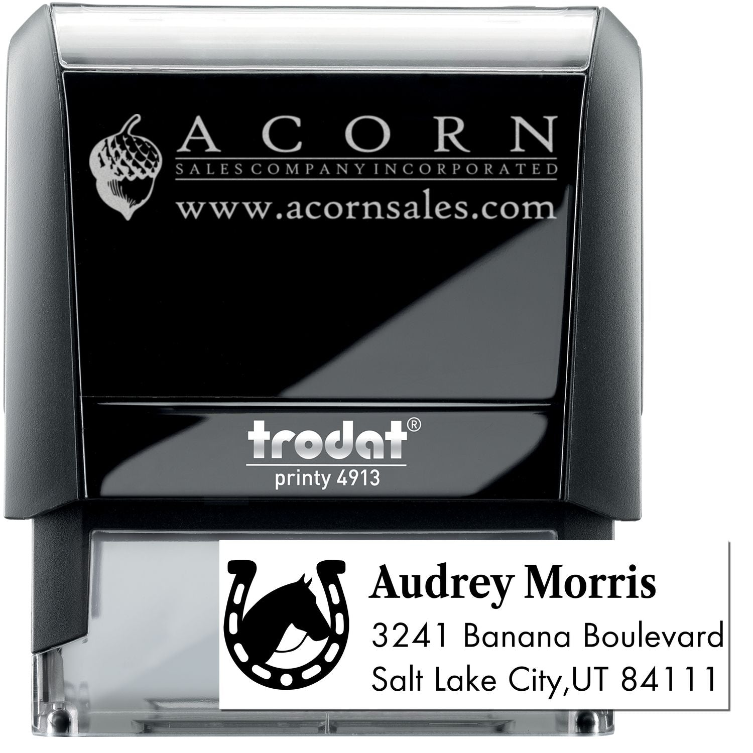 Custom self-inking rubber stamp with business logo and return address, Trodat Printy 4913 for branding and mailing.