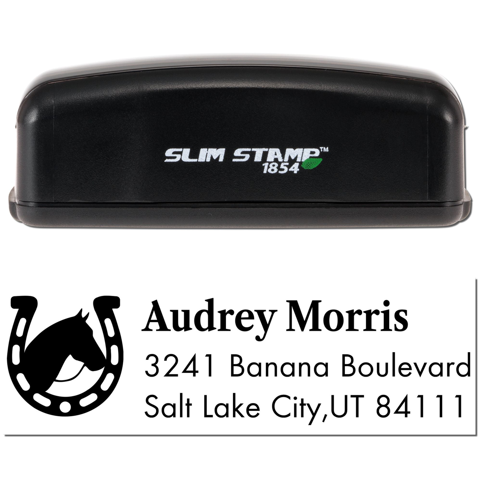 Slim Stamp 1854 self-inking address rubber stamp with Audrey Morris name and Salt Lake City, UT return address