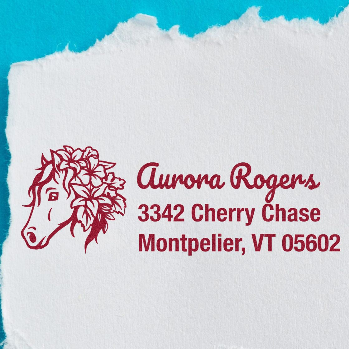 Custom horse address rubber stamp for Aurora Rogers, 3342 Cherry Chase, Montpelier, VT 05602.