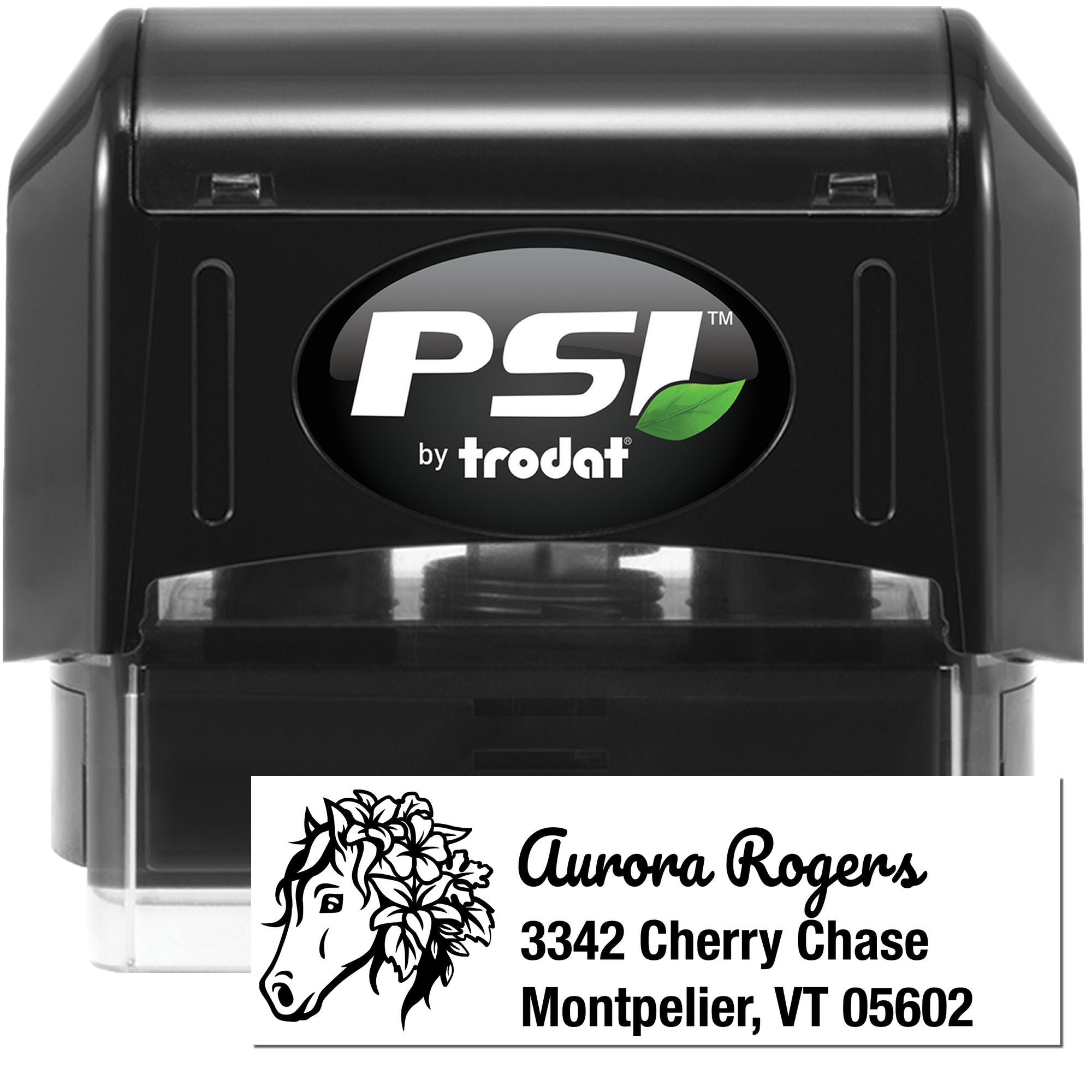 PSI by Trodat self-inking rubber address stamp with custom name, address, and horse floral design for mailing and branding