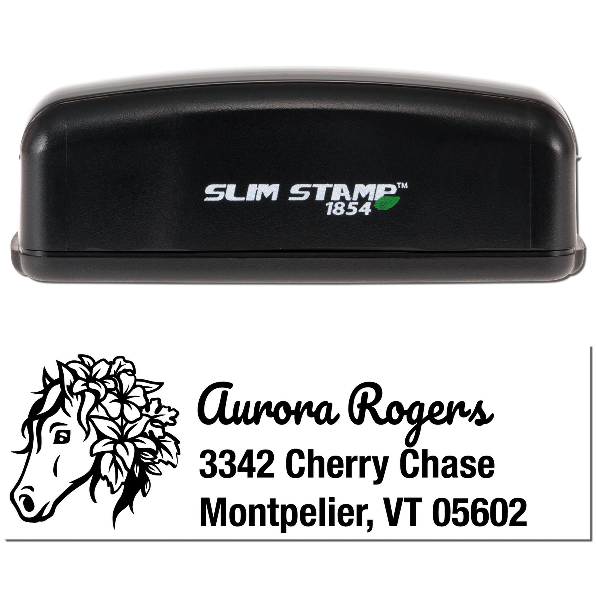 Custom self-inking rubber address stamp with horse logo and Aurora Rogers, Montpelier VT mailing design.