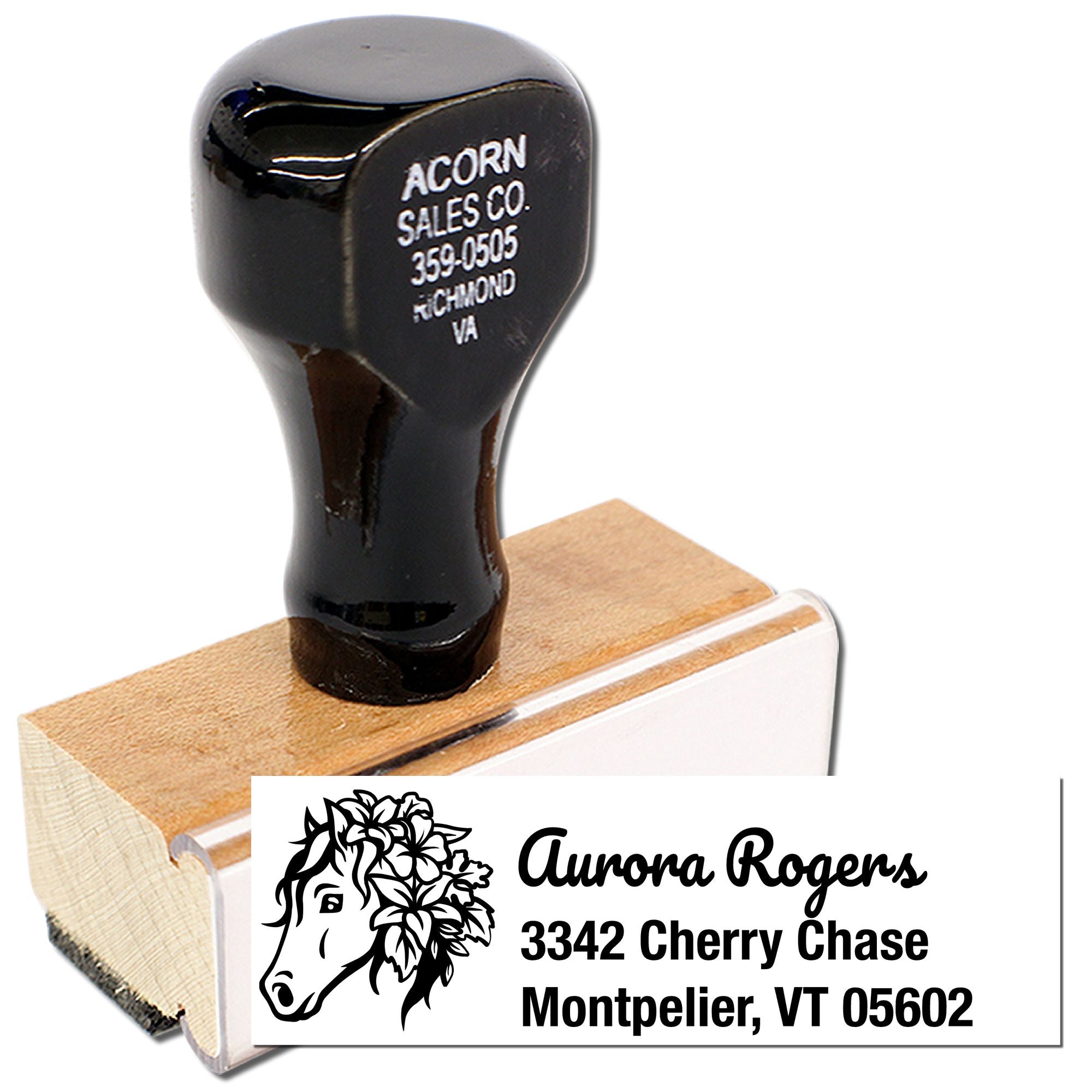 Custom horse address rubber stamp with name and mailing address, featuring an equestrian logo for personal or business use.