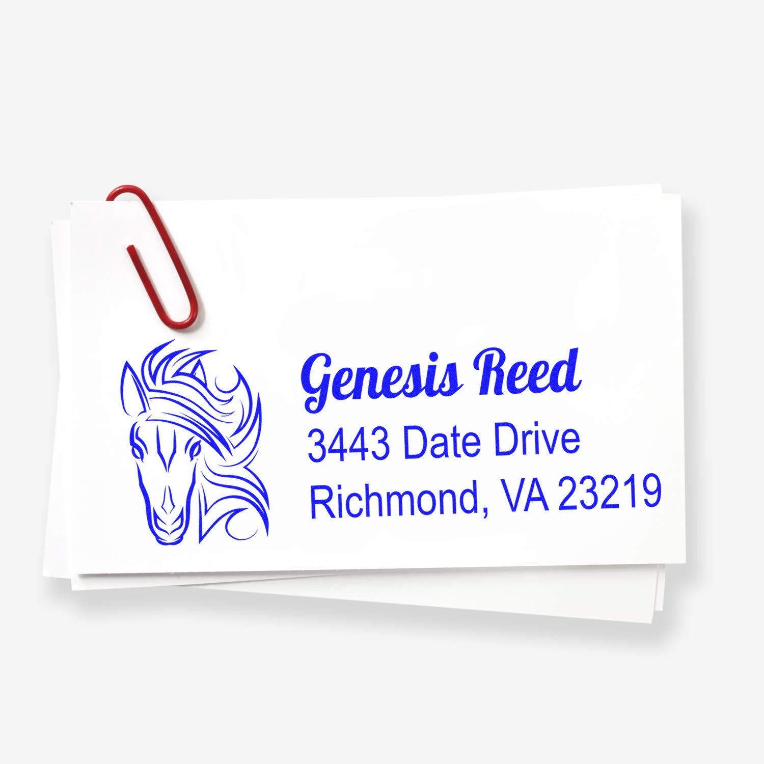 Custom rubber address stamp for Genesis Reed with horse logo, Richmond, VA 23219.
