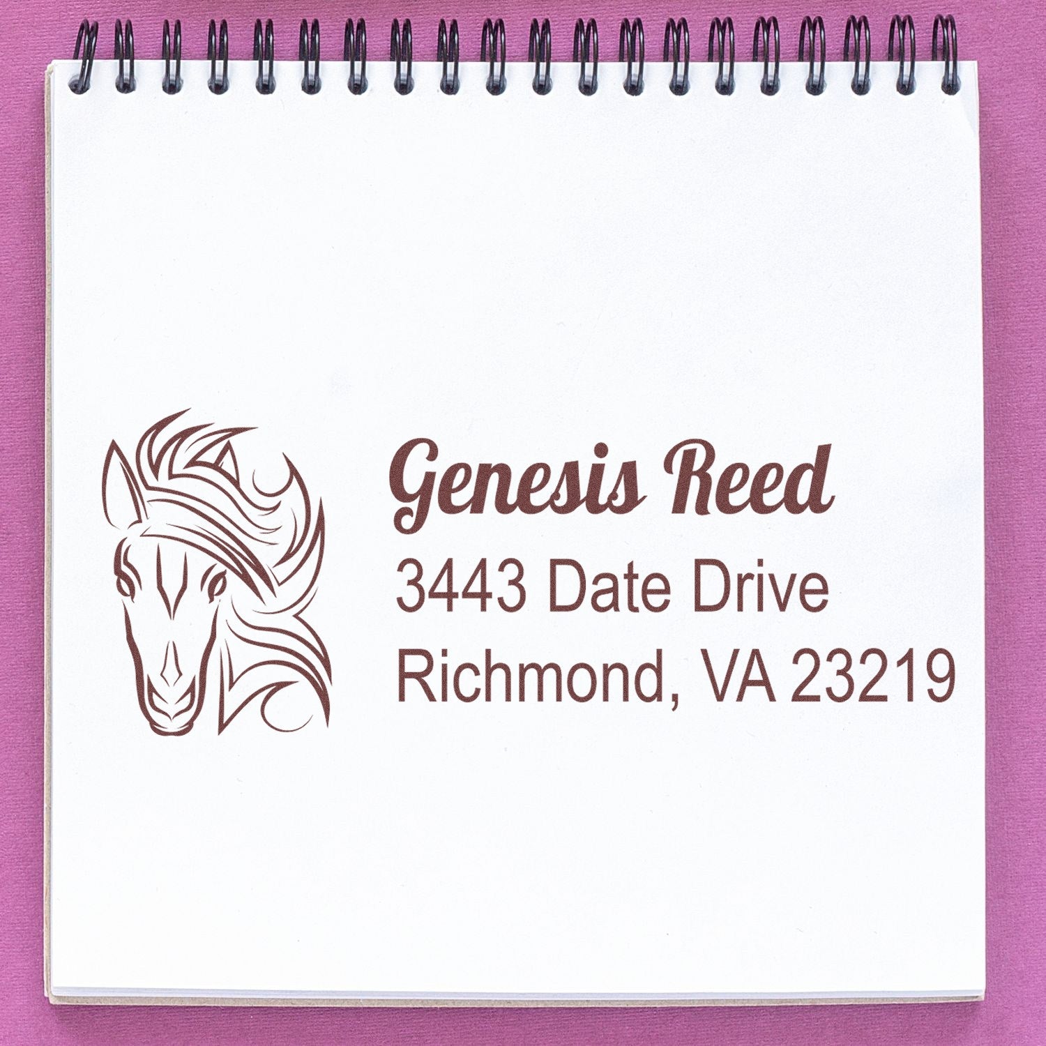 Custom rubber stamp with horse logo and return address for Genesis Reed, 3443 Date Drive, Richmond, VA 23219.