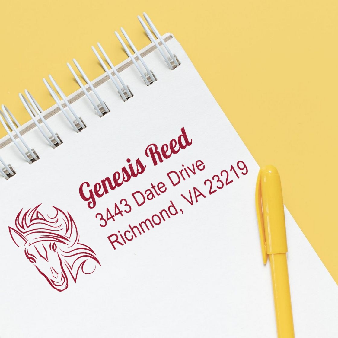 Custom horse return address rubber stamp imprint on notebook page, showing personalized address stamp design.