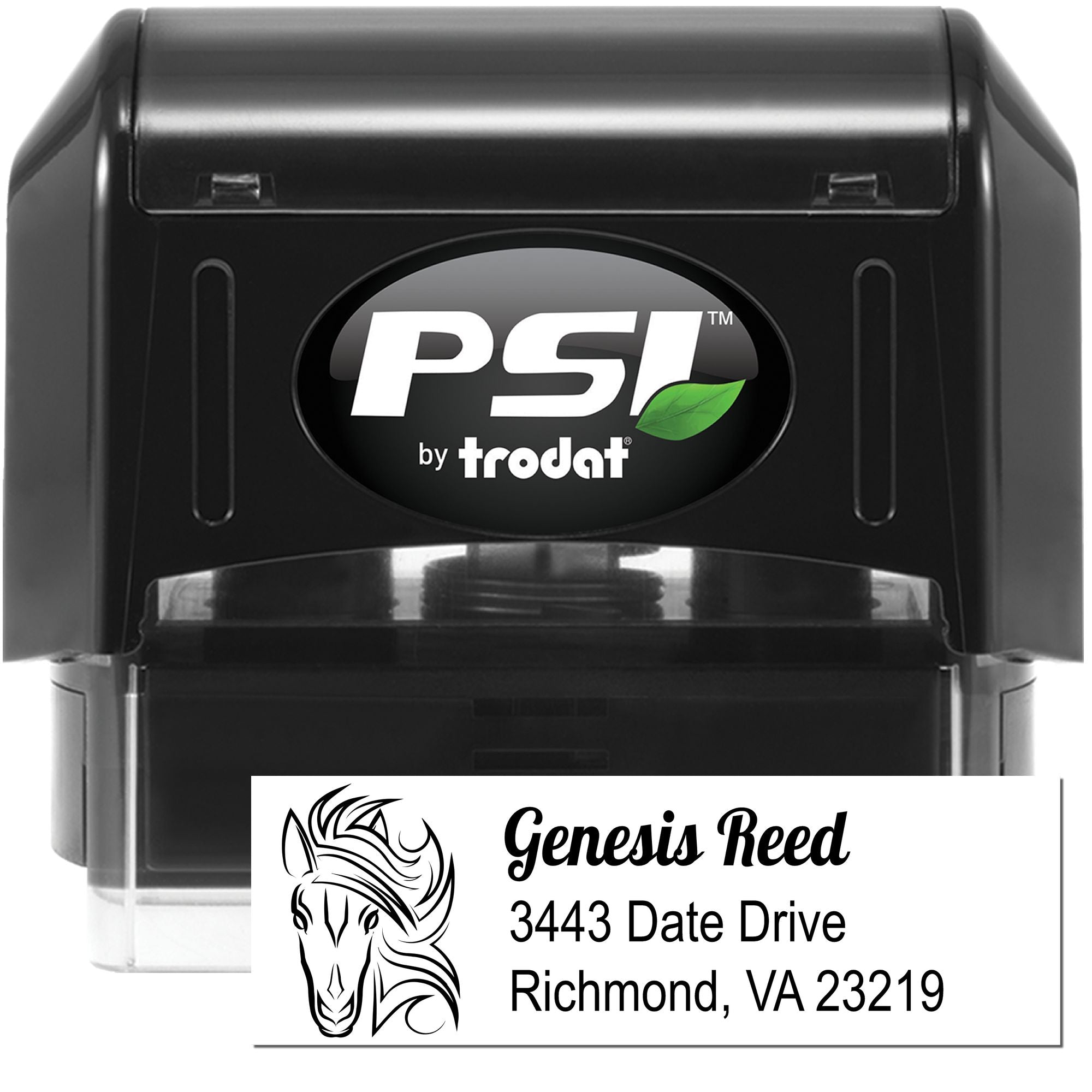 PSI by Trodat custom self-inking rubber stamp with horse logo and Genesis Reed Richmond VA return address imprint.