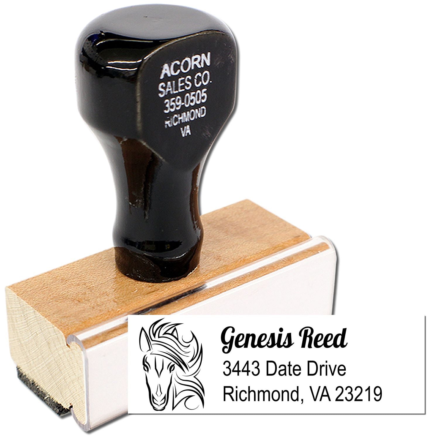Custom business address rubber stamp with horse logo for Genesis Reed, Richmond, VA, wood-mounted for mailing and branding.