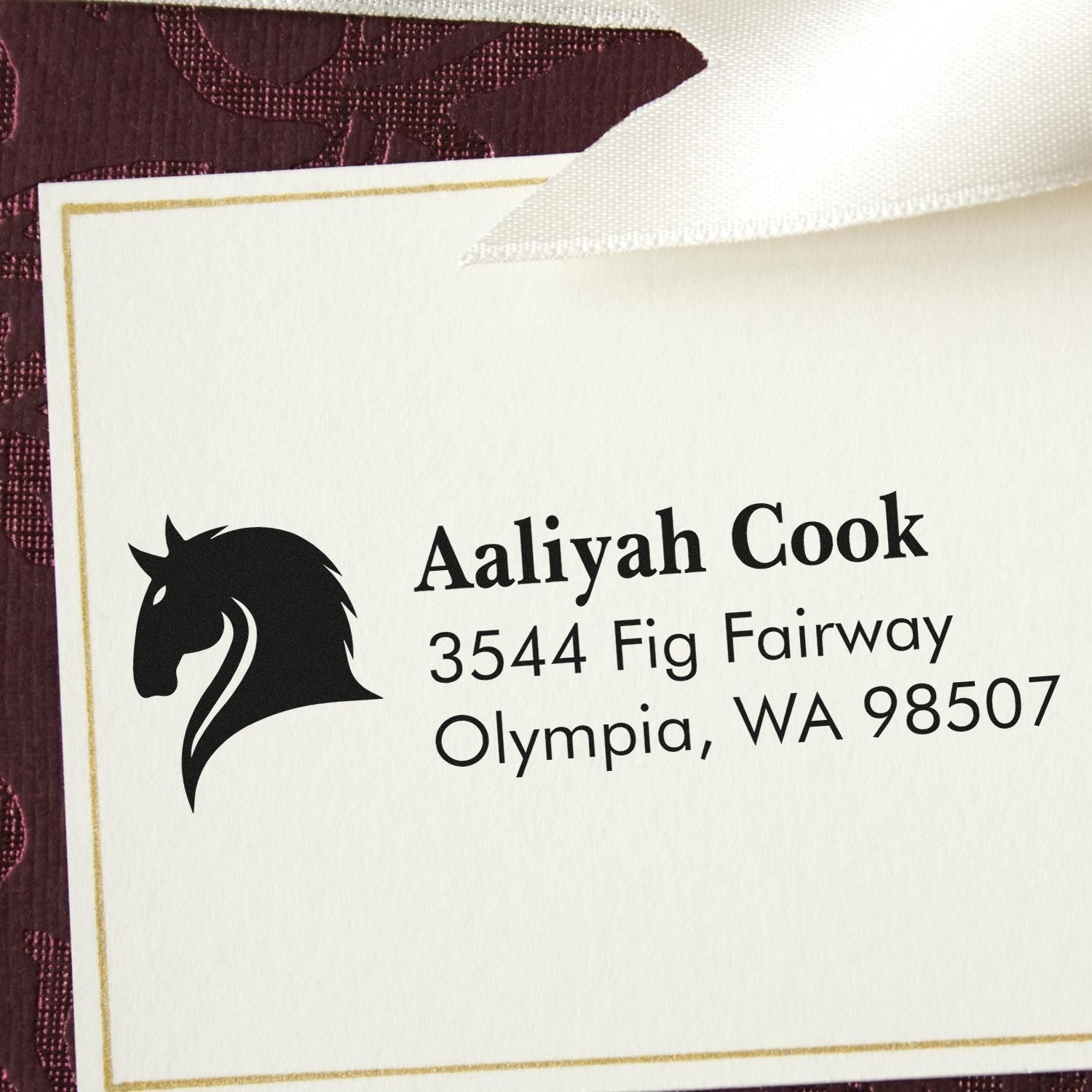 Custom horse logo return address rubber stamp for Aaliyah Cook in Olympia, Washington.
