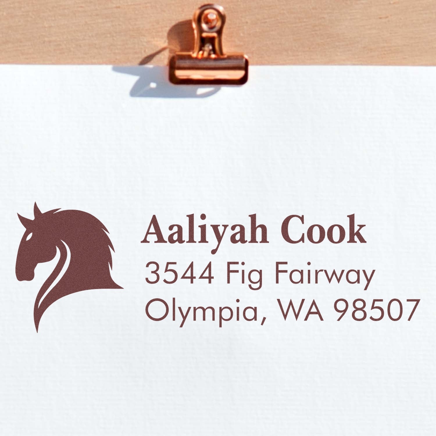 Personalized return address rubber stamp with horse logo, name, street address, city, and ZIP code.
