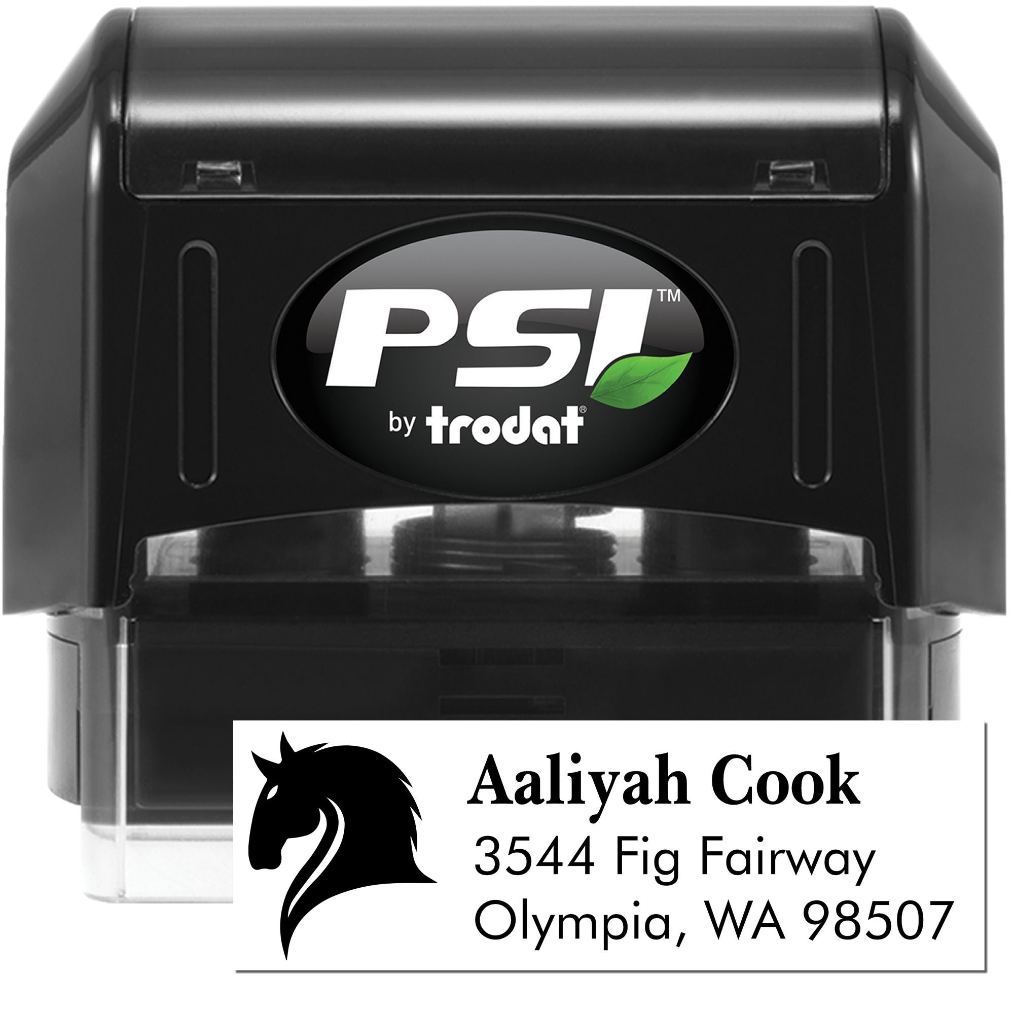 Custom self-inking address rubber stamp by PSI Trodat with horse logo for Aaliyah Cook, Olympia WA 98507