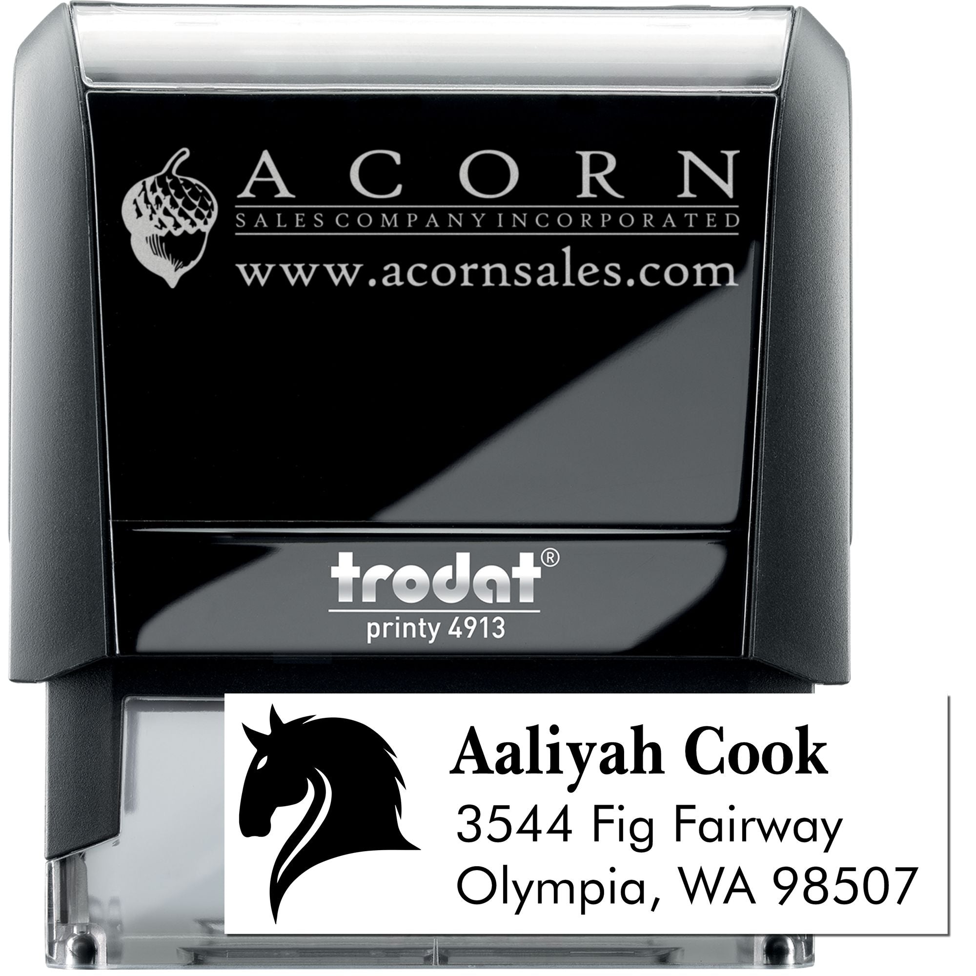 Custom self-inking rubber stamp with logo, business name, and address, featuring Trodat Printy 4913 for branding.