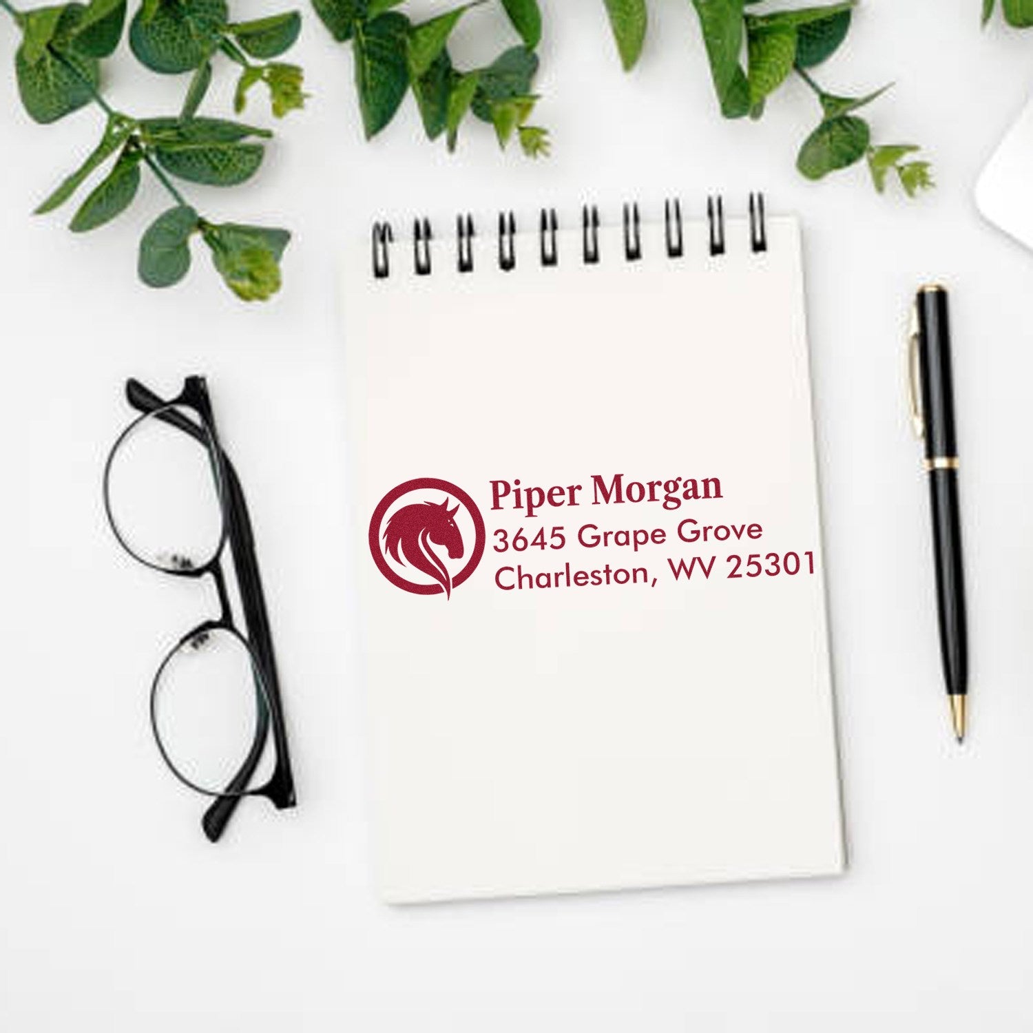 Custom horse logo return address rubber stamp for Piper Morgan, 3645 Grape Grove, Charleston, WV 25301.