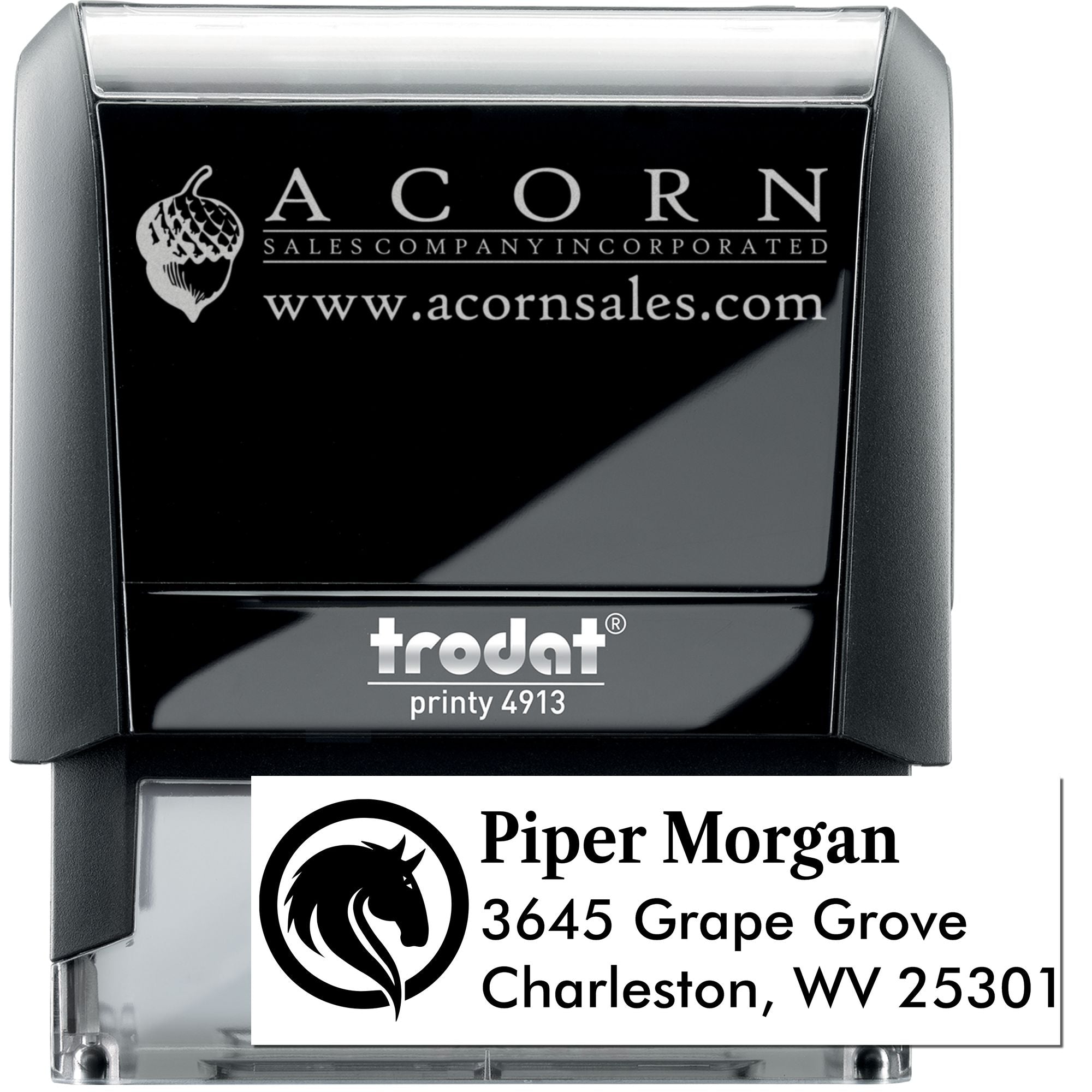 Custom self-inking rubber stamp with logo, website, and address for business branding and mailing.