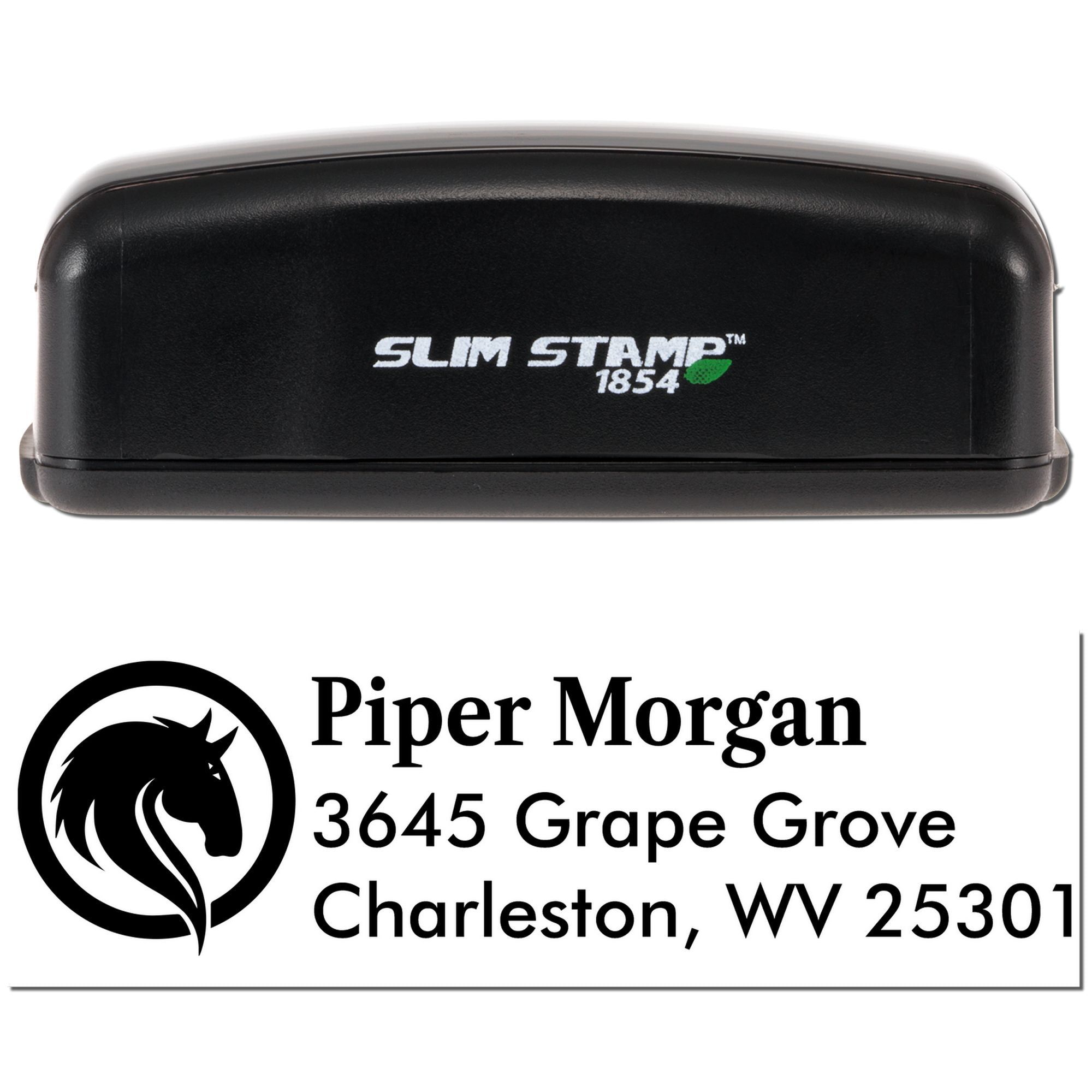 Slim Stamp self-inking rubber address stamp with horse logo for Piper Morgan, Charleston, WV 25301.