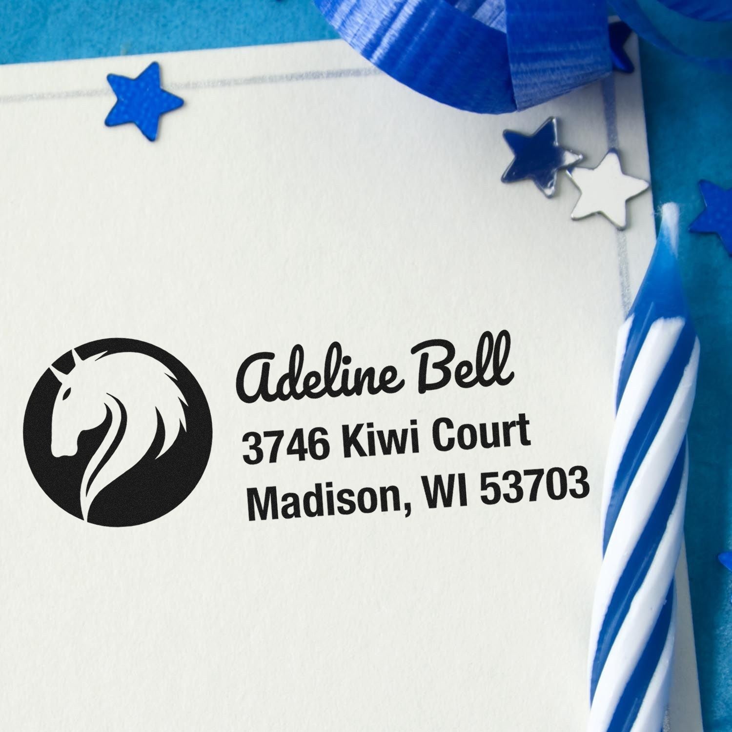 Custom horse logo rubber stamp imprint showing Adeline Bell return address in Madison, WI for personalized mailings.