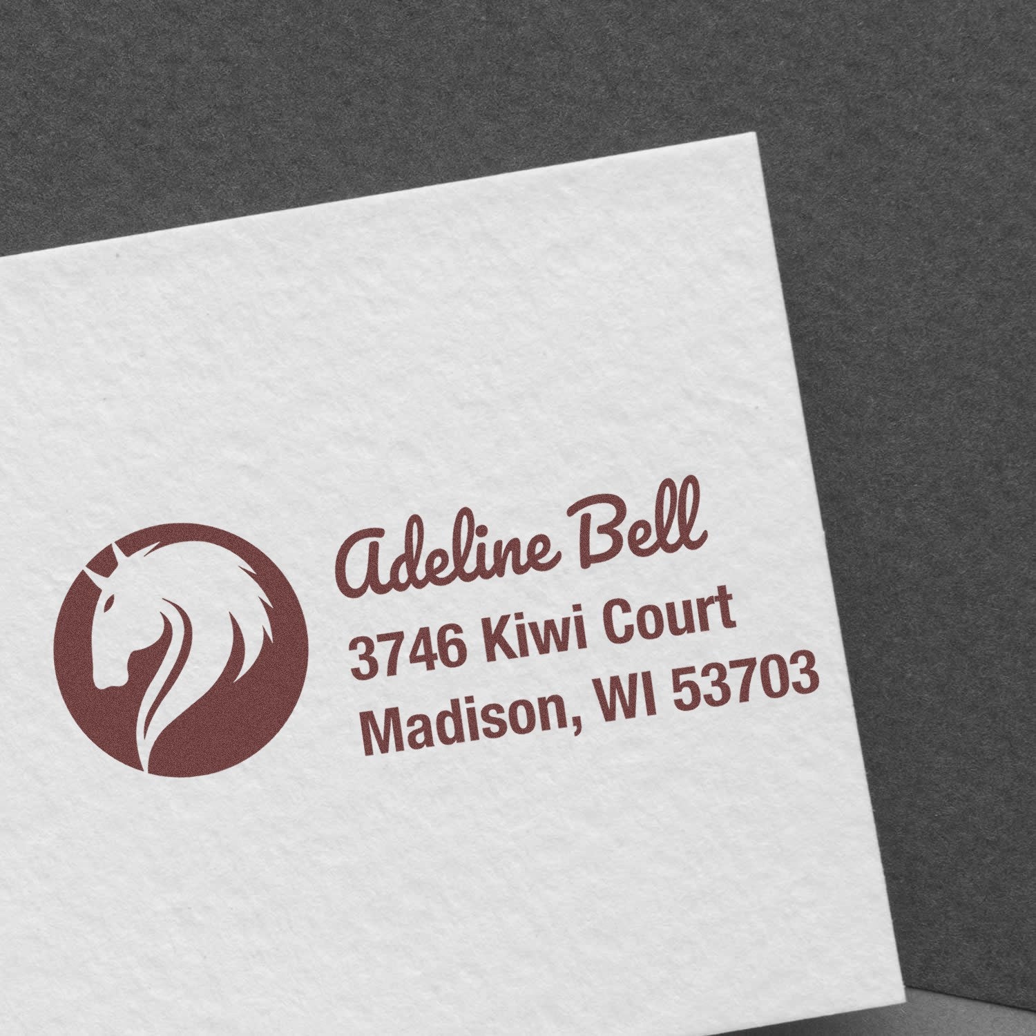 Custom rubber address stamp with horse logo for Adeline Bell, Madison, WI