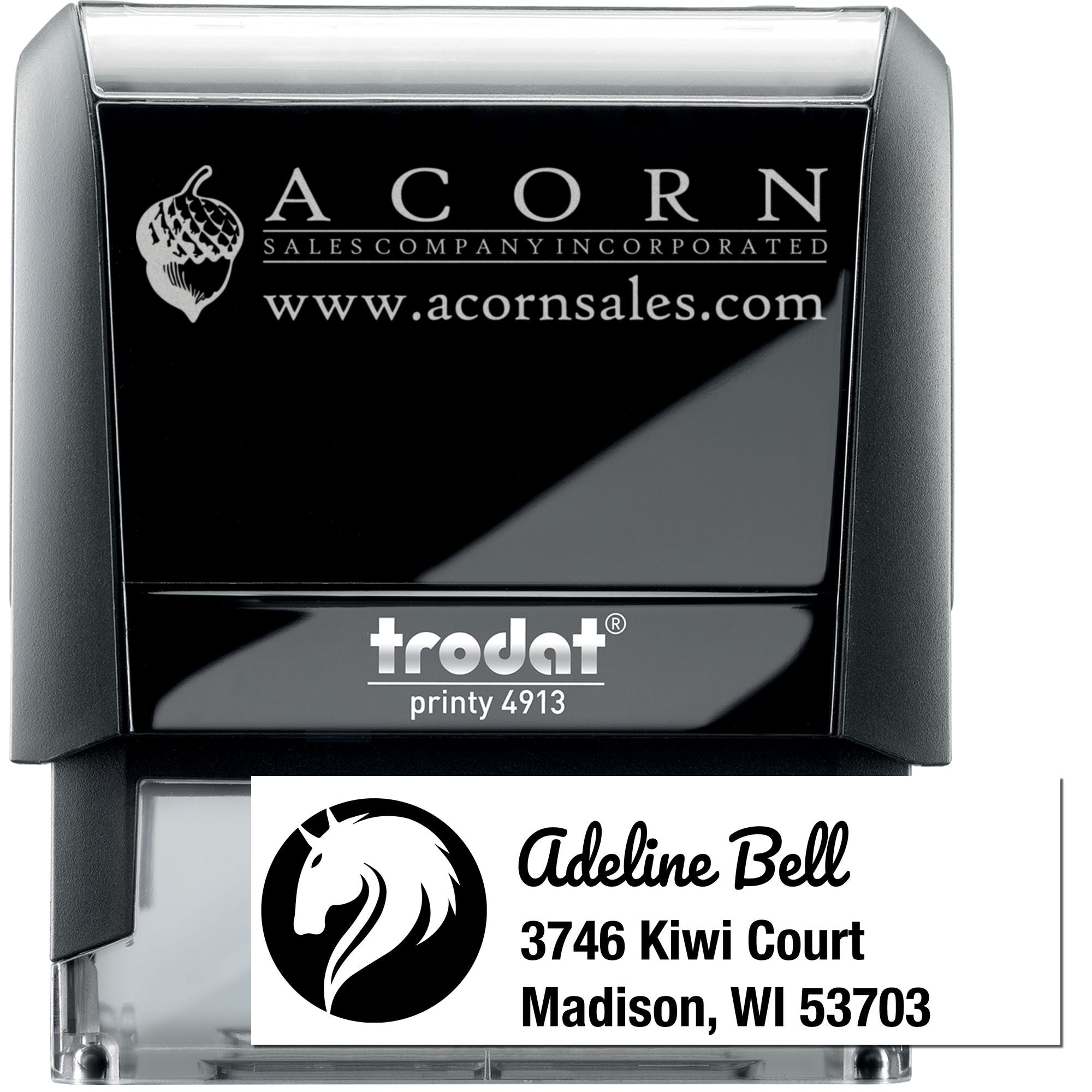 Custom self-inking Trodat Printy 4913 rubber stamp with logo, business name and address for professional branding.