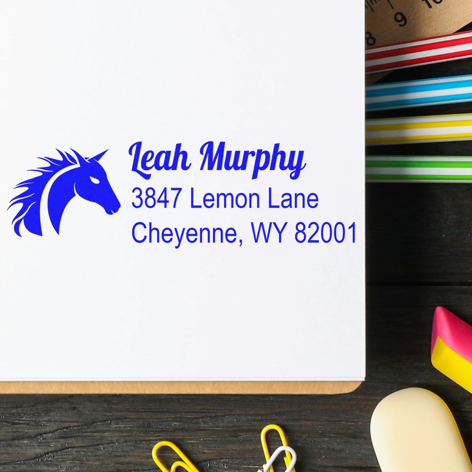 Custom horse logo address rubber stamp for Leah Murphy, 3847 Lemon Lane, Cheyenne, WY 82001.