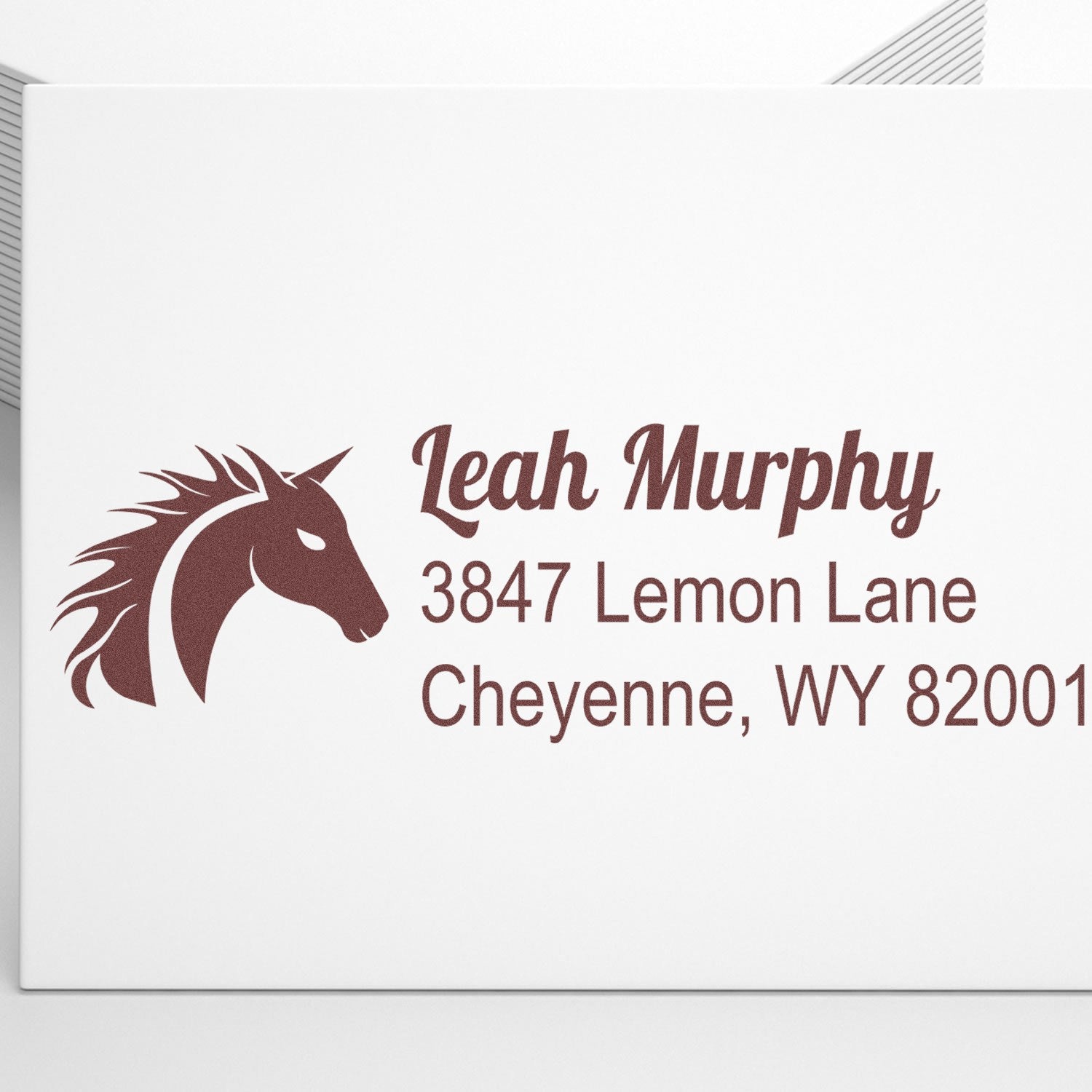 Custom horse return address rubber stamp for Leah Murphy, 3847 Lemon Lane, Cheyenne, WY 82001
