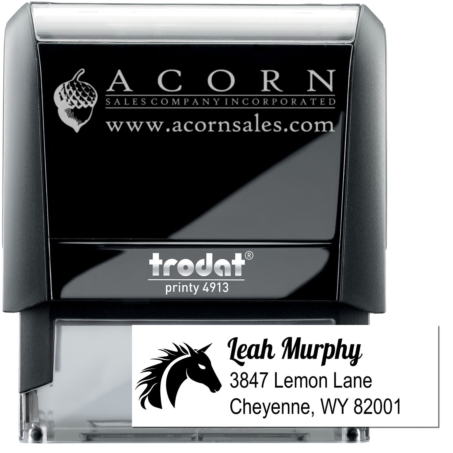 Custom self-inking rubber stamp with logo and address imprint, featuring Acorn Sales Company and Leah Murphy.
