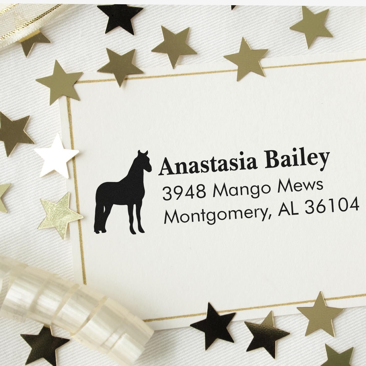 Custom horse return address rubber stamp for equestrian mailings with name and address on a star-themed envelope.