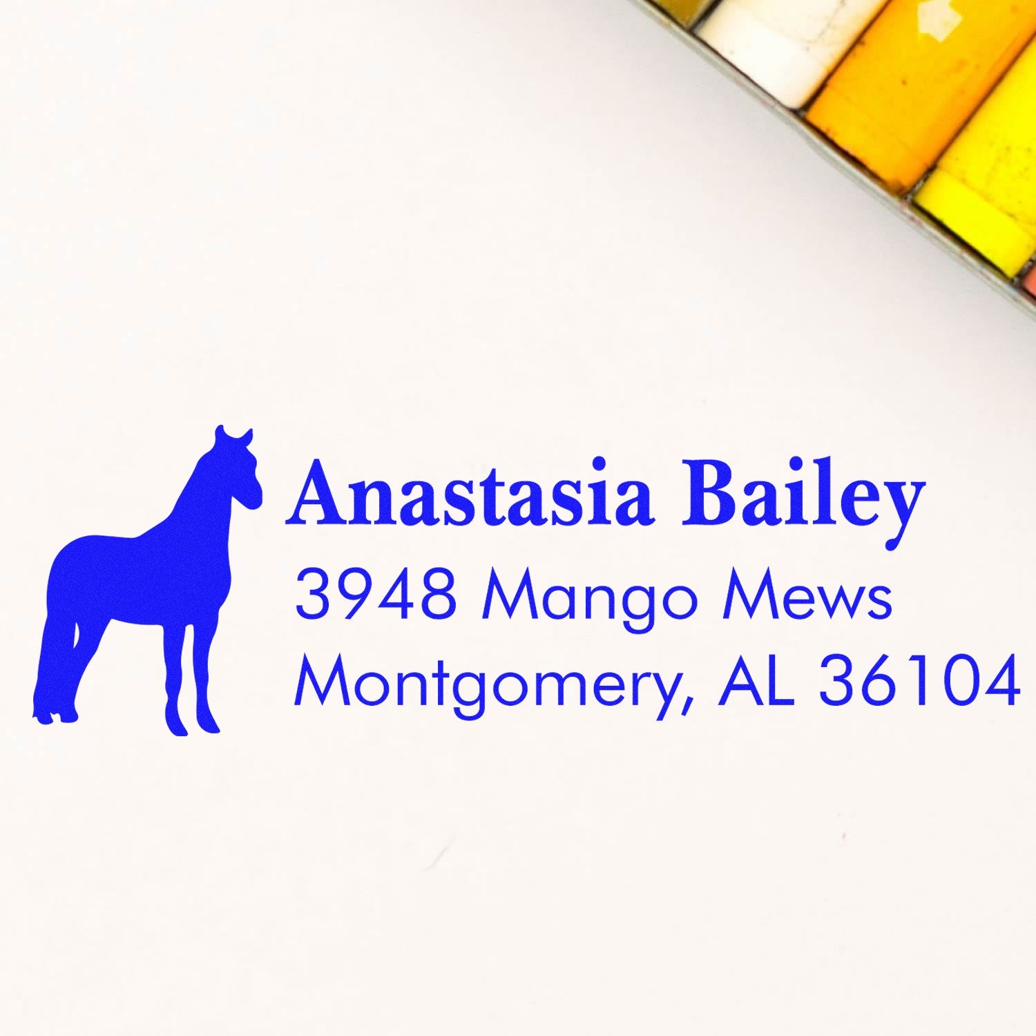 Custom horse return address rubber stamp for Anastasia Bailey, Montgomery, AL 36104.